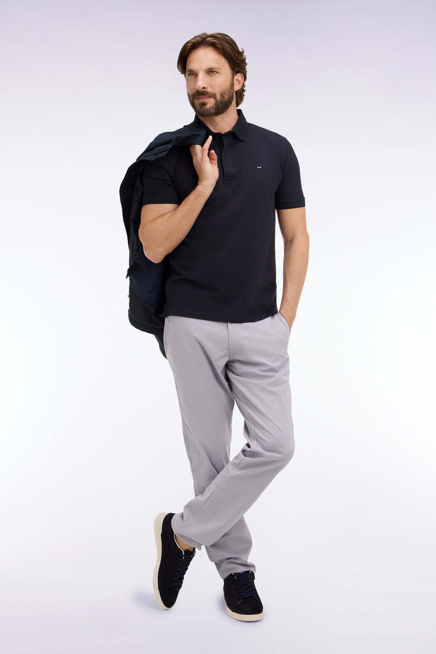 Slim fit navy cotton short sleeve polo shirt