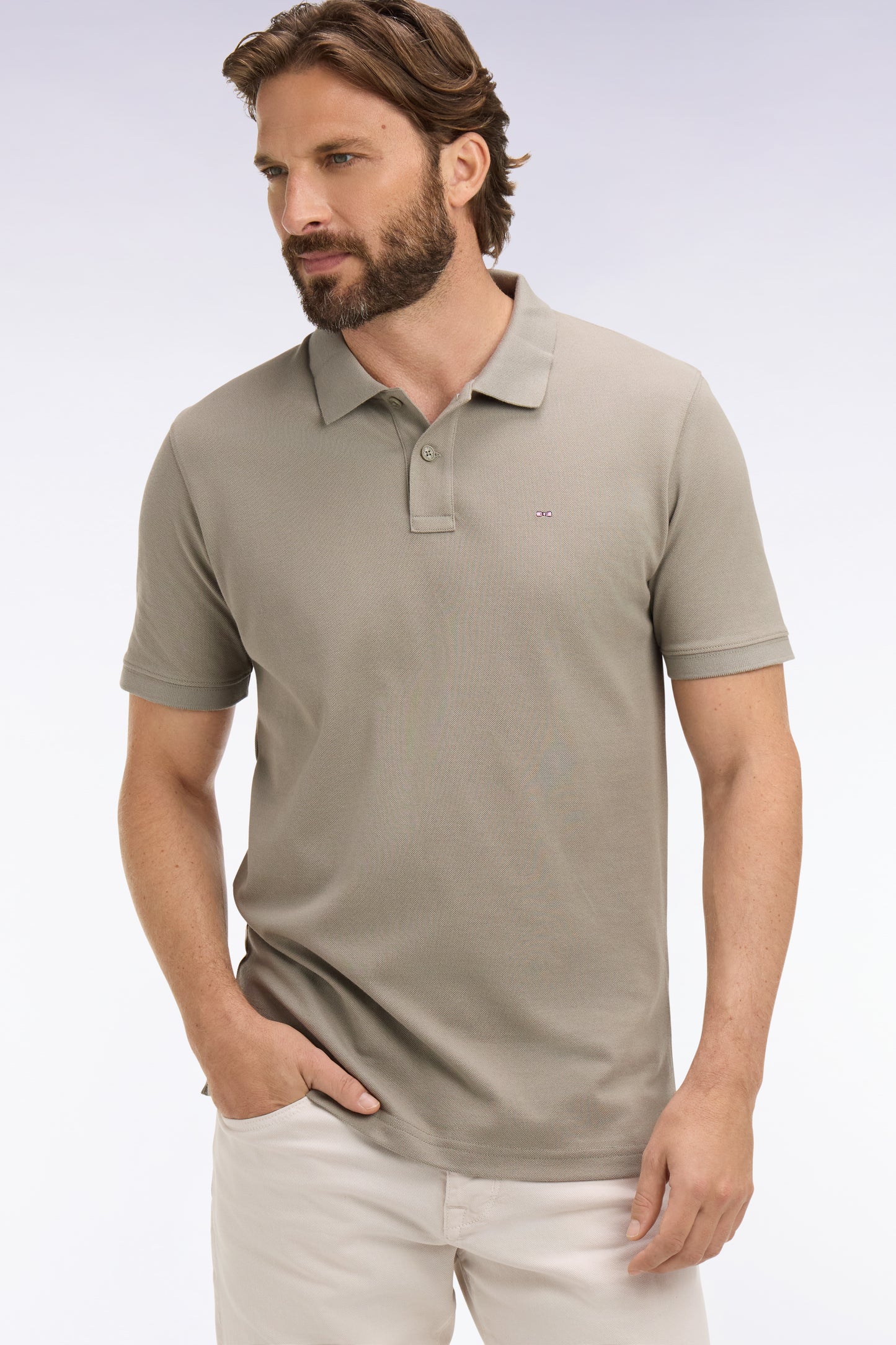 Short-sleeved regular-fit khaki cotton polo shirt