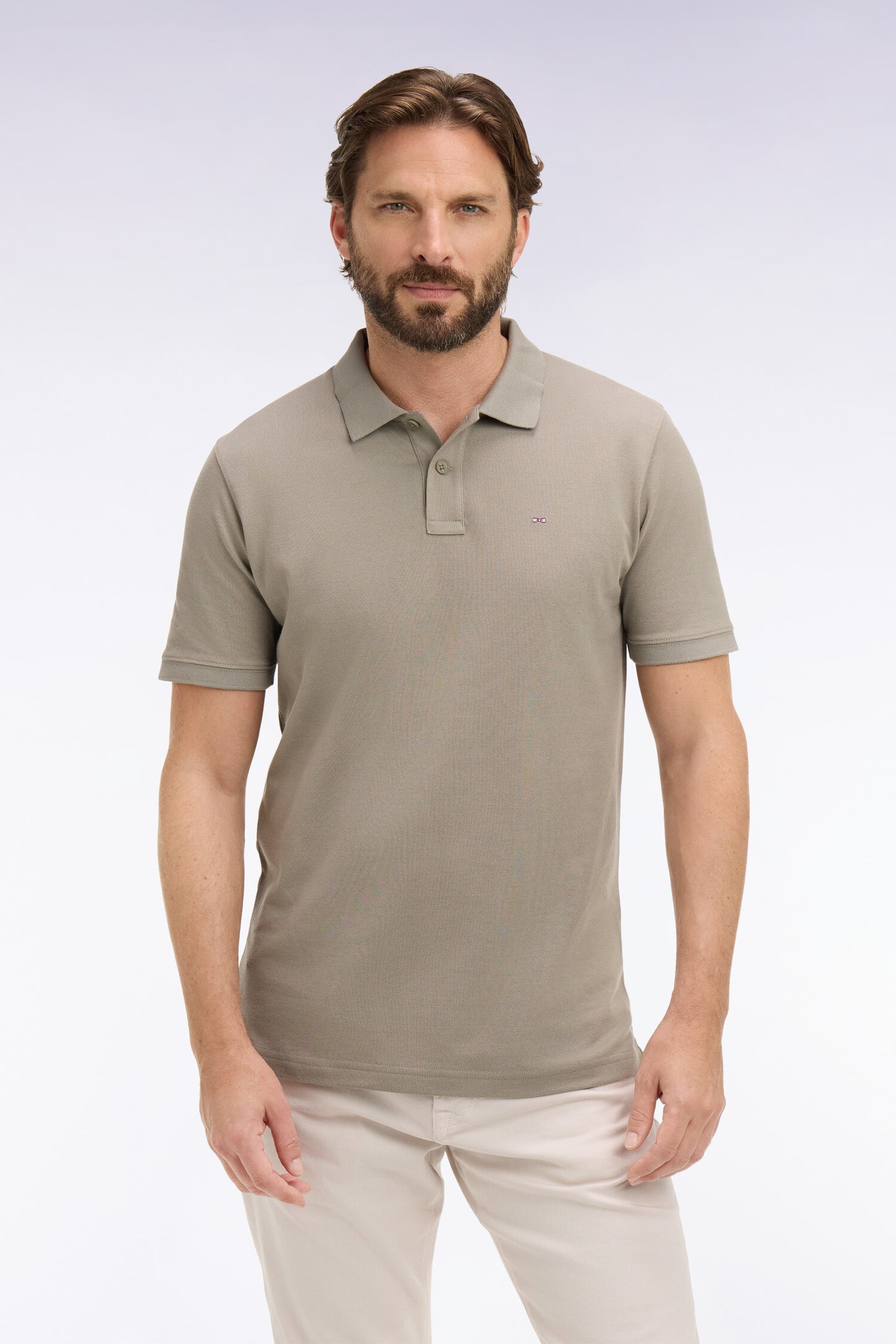 Short-sleeved regular-fit khaki cotton polo shirt