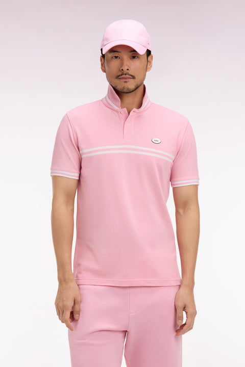 Polo à manches courtes en coton rose à rayures blanches coupe regular - Image 3