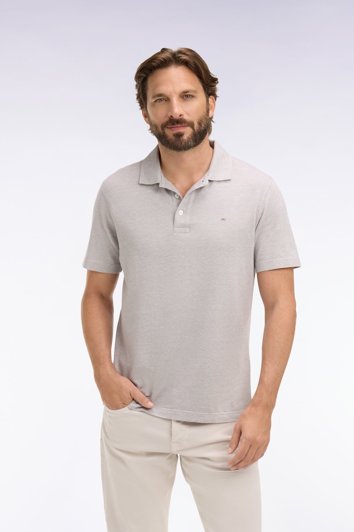 Regular fit gray Oxford short sleeve polo shirt