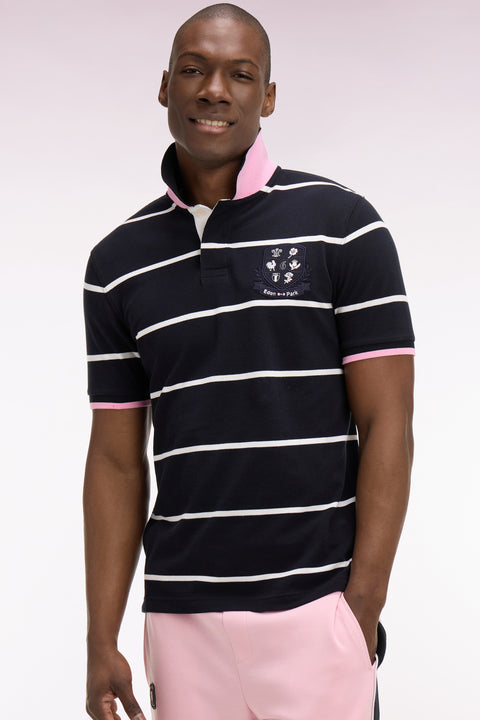 Polo à manches courtes 6 Nations en coton marine rayé coupe regular - Image 1