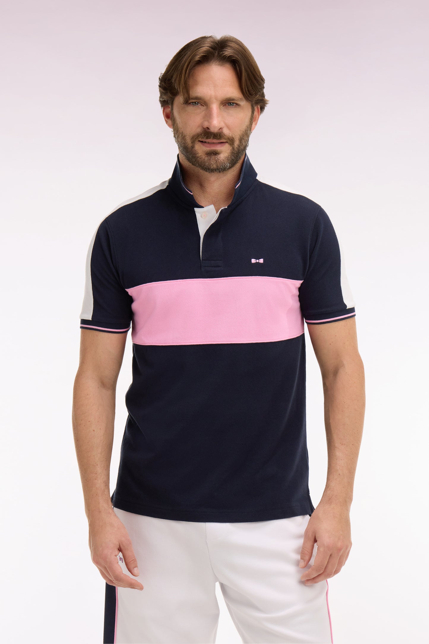 Polo à manches courtes en piqué coton marine coupé cousu