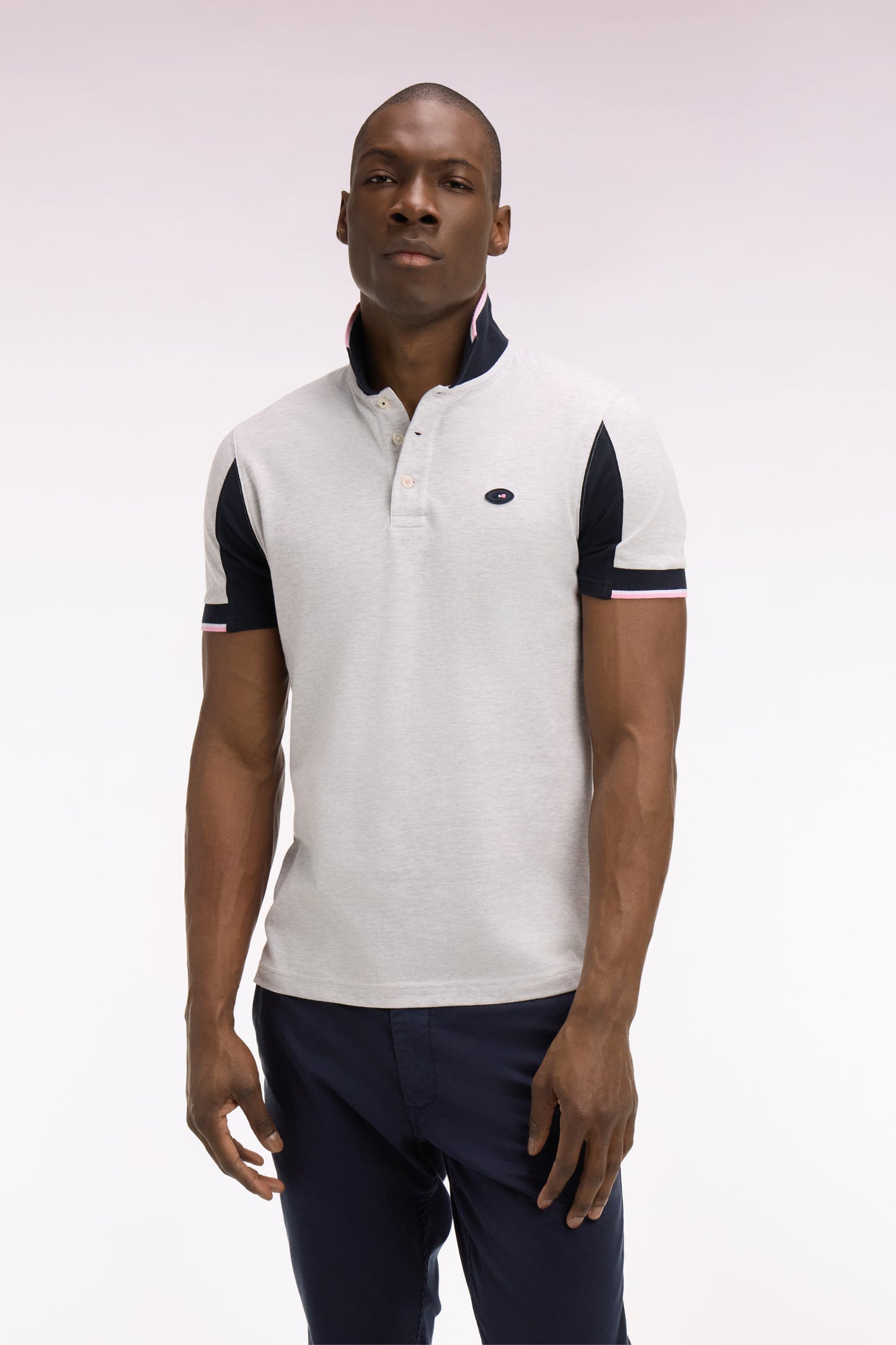 XV de France short-sleeved polo shirt in light gray cotton pique with cut-out sleeves