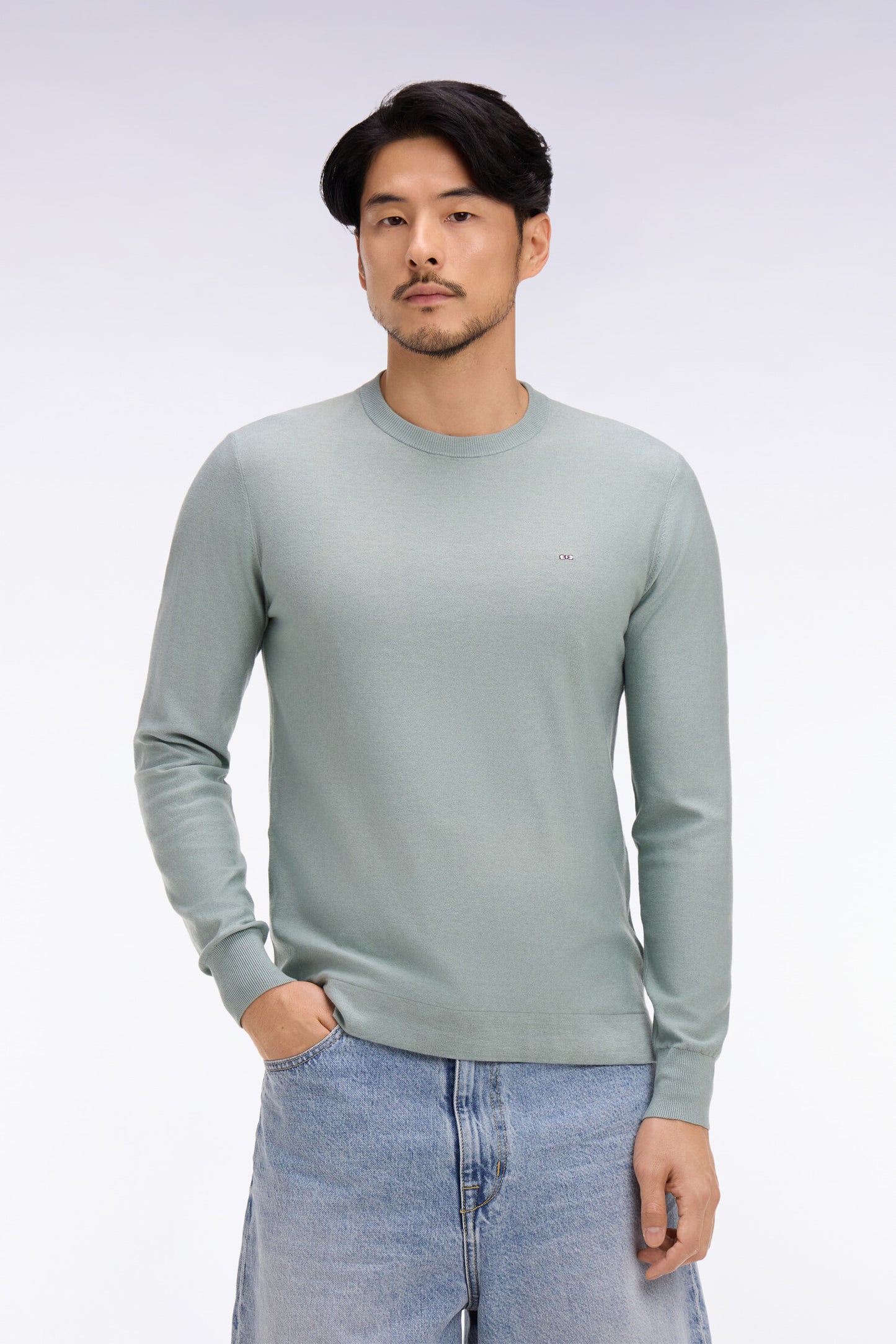 Round-neck sweater in sea green cotton and lyocell blend