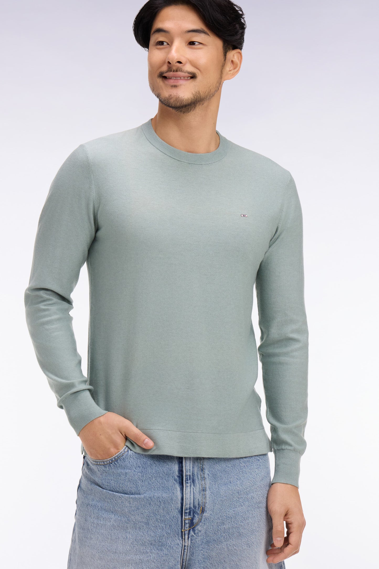 Round-neck sweater in sea green cotton and lyocell blend