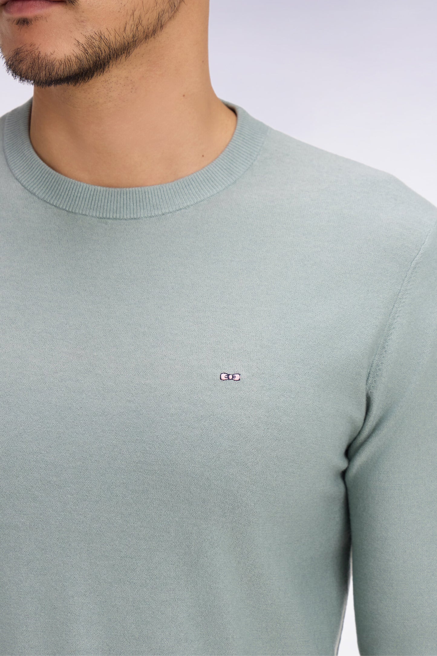 Round-neck sweater in sea green cotton and lyocell blend