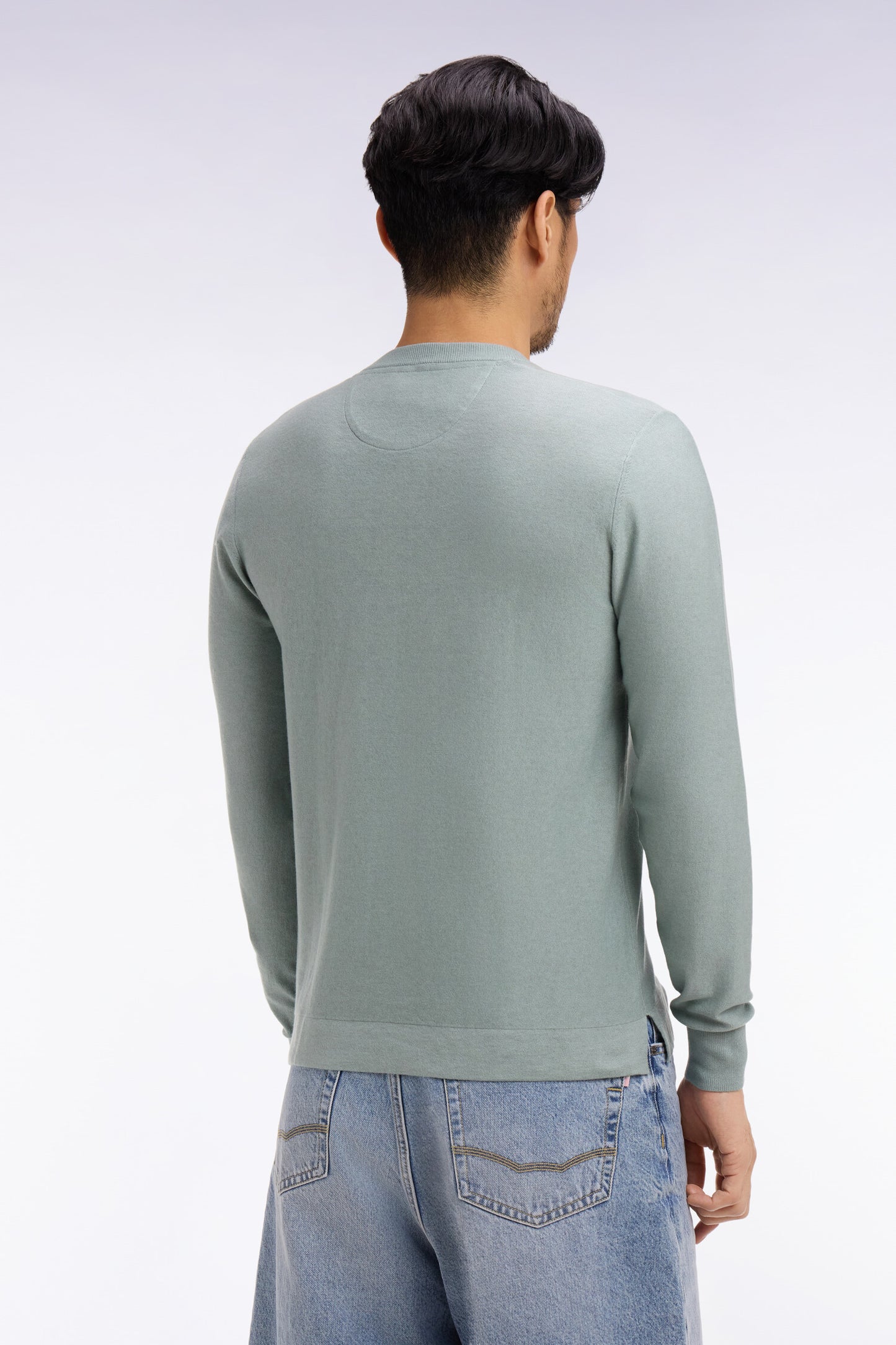 Round-neck sweater in sea green cotton and lyocell blend