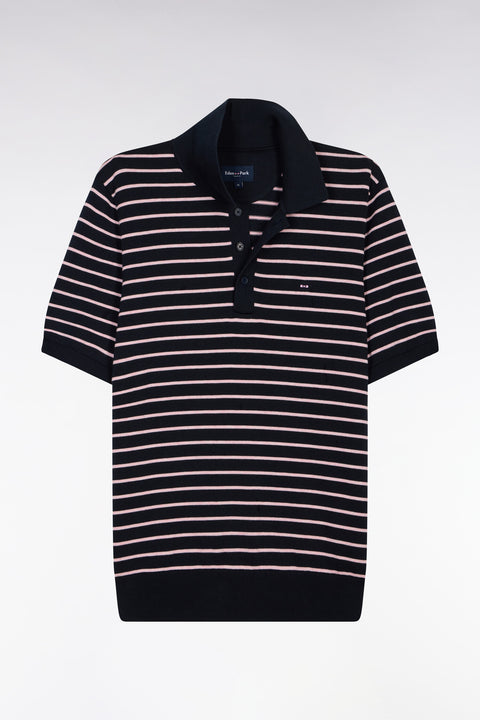 Pull manches courtes à col polo en coton marine rayé - Image 2