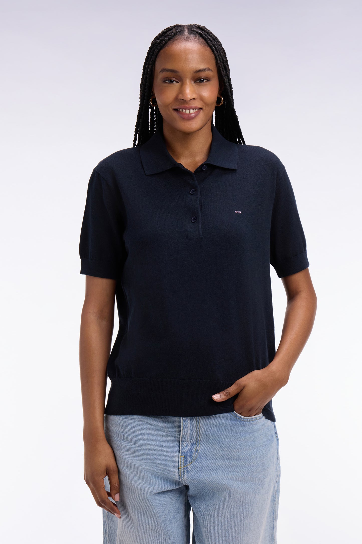 Pull polo à manches courtes en coton et soie mélangés marine coupe regular