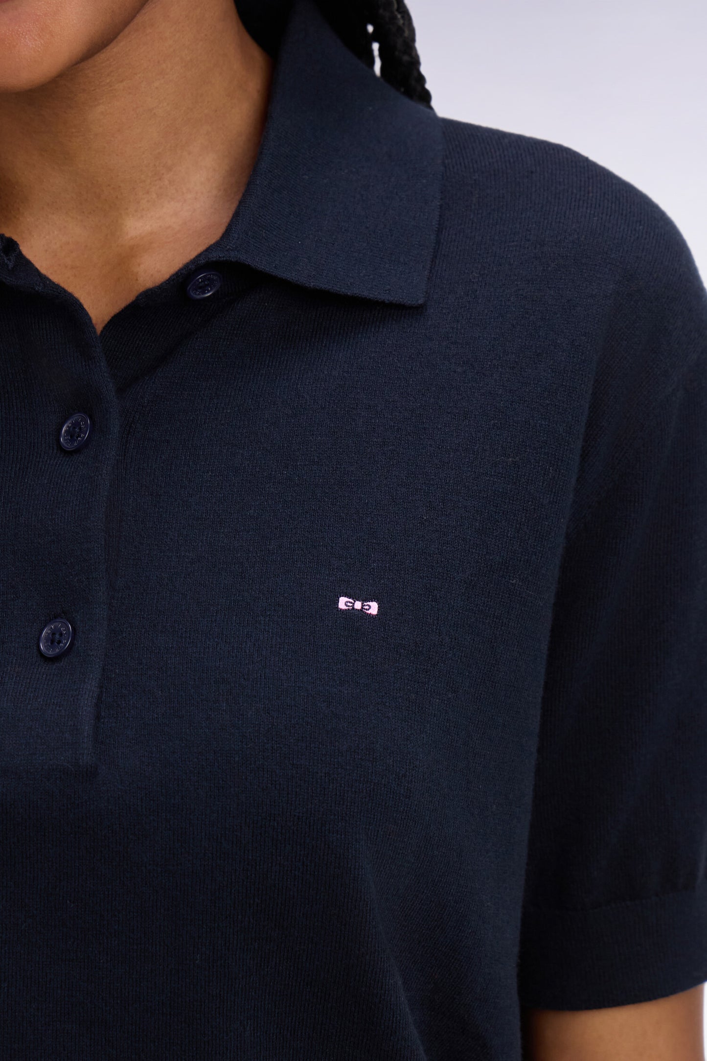 Pull polo à manches courtes en coton et soie mélangés marine coupe regular