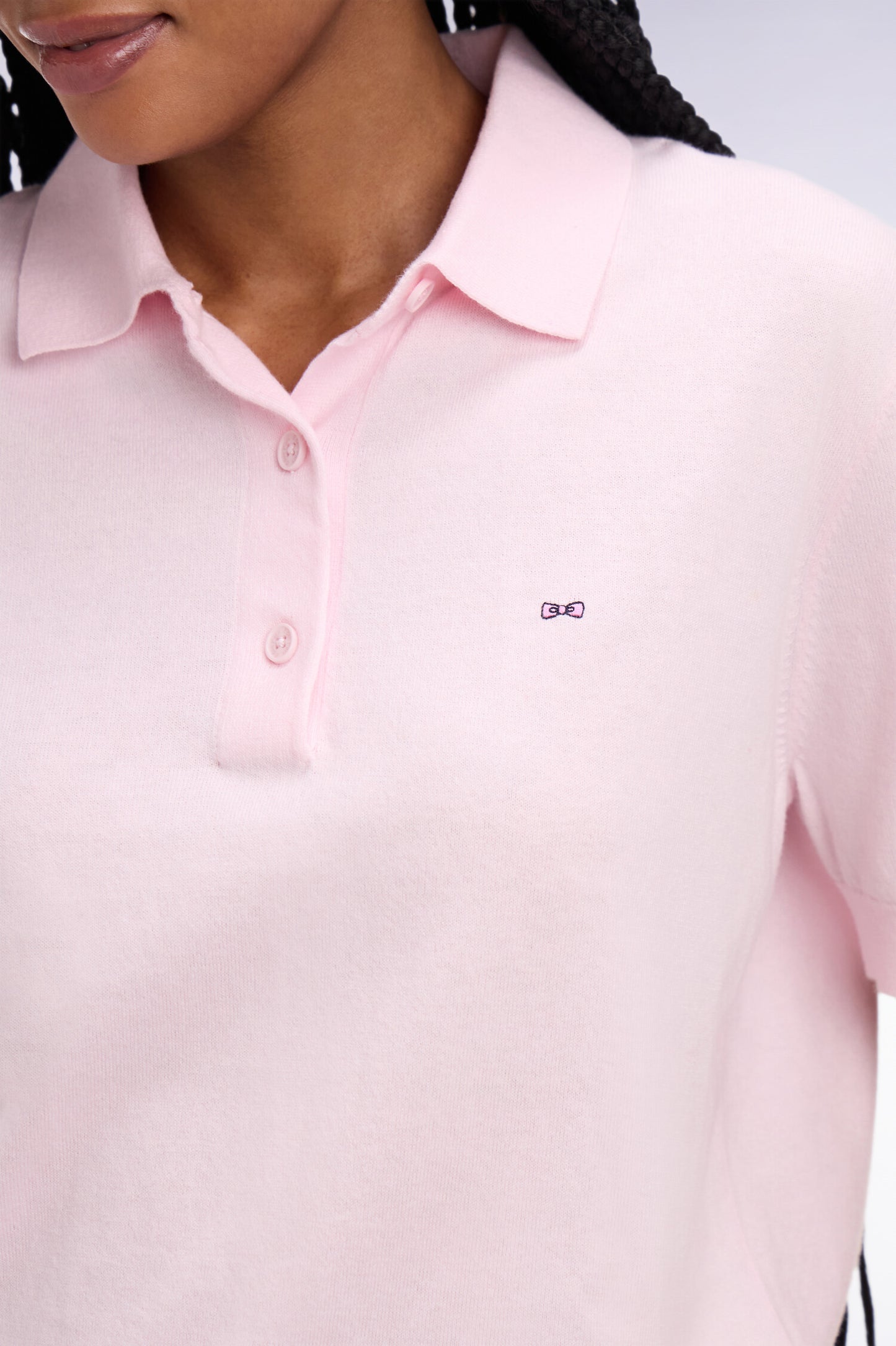Pull polo à manches courtes en coton et soie mélangés rose coupe regular