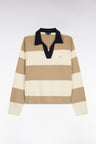 Pull col polo en coton rayé beige et écru coupe oversized