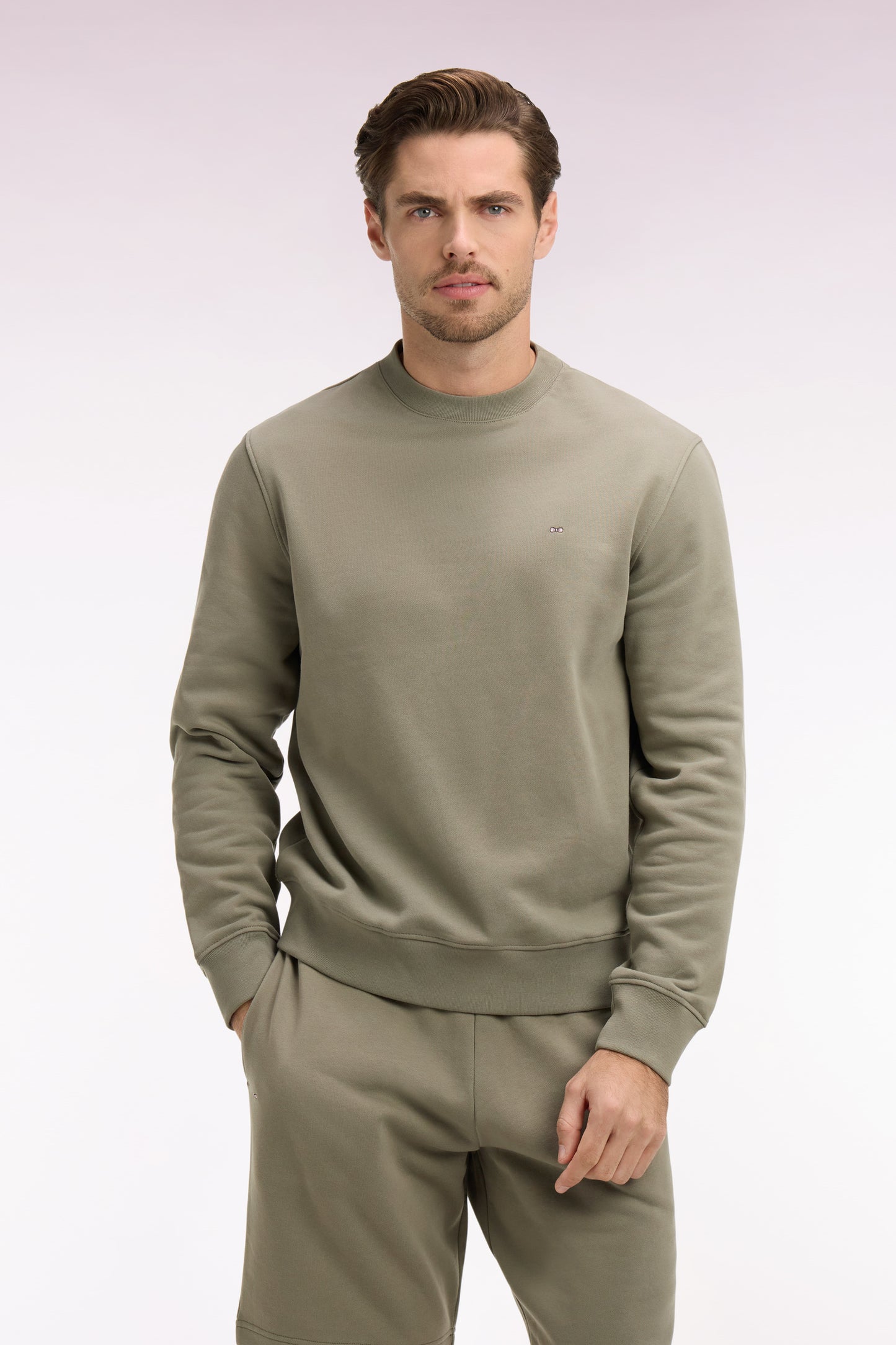 Plain khaki cotton fleece sweatshirt