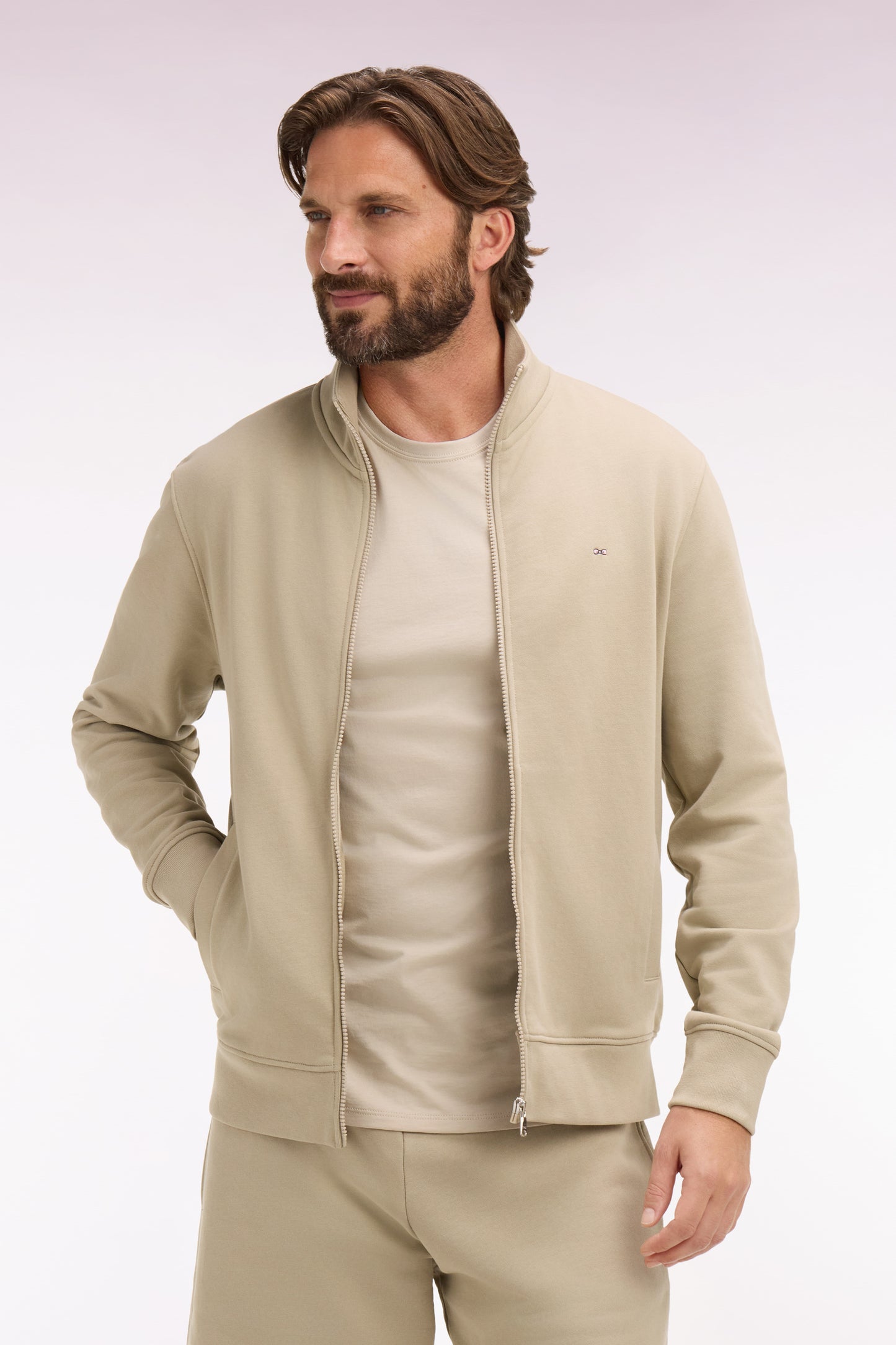 Sweatshirt zippé en molleton coton beige
