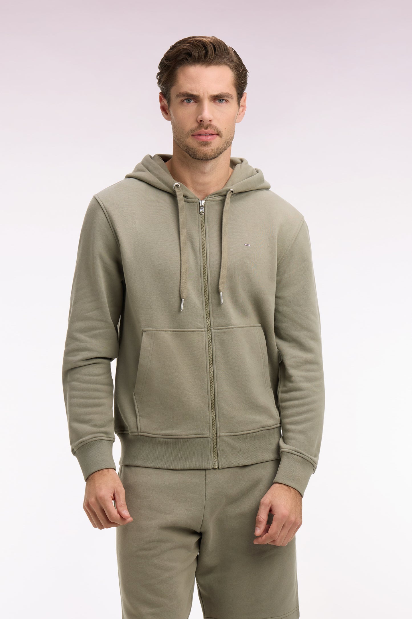 Sweatshirt zippé à capuche en molleton coton kaki