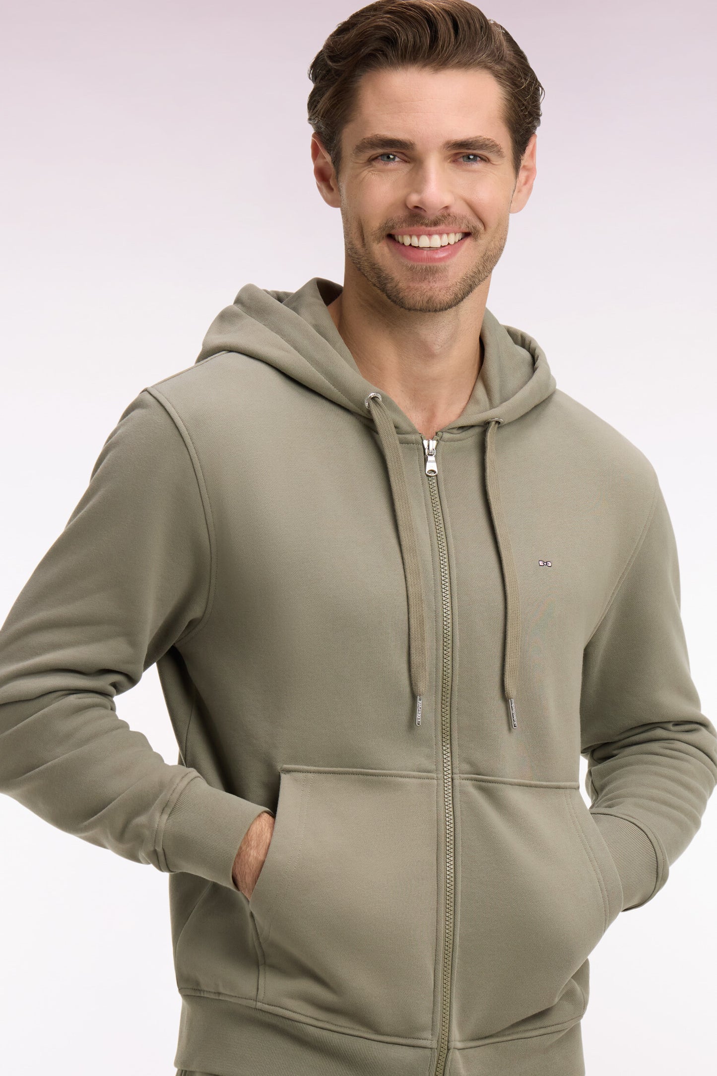 Sweatshirt zippé à capuche en molleton coton kaki