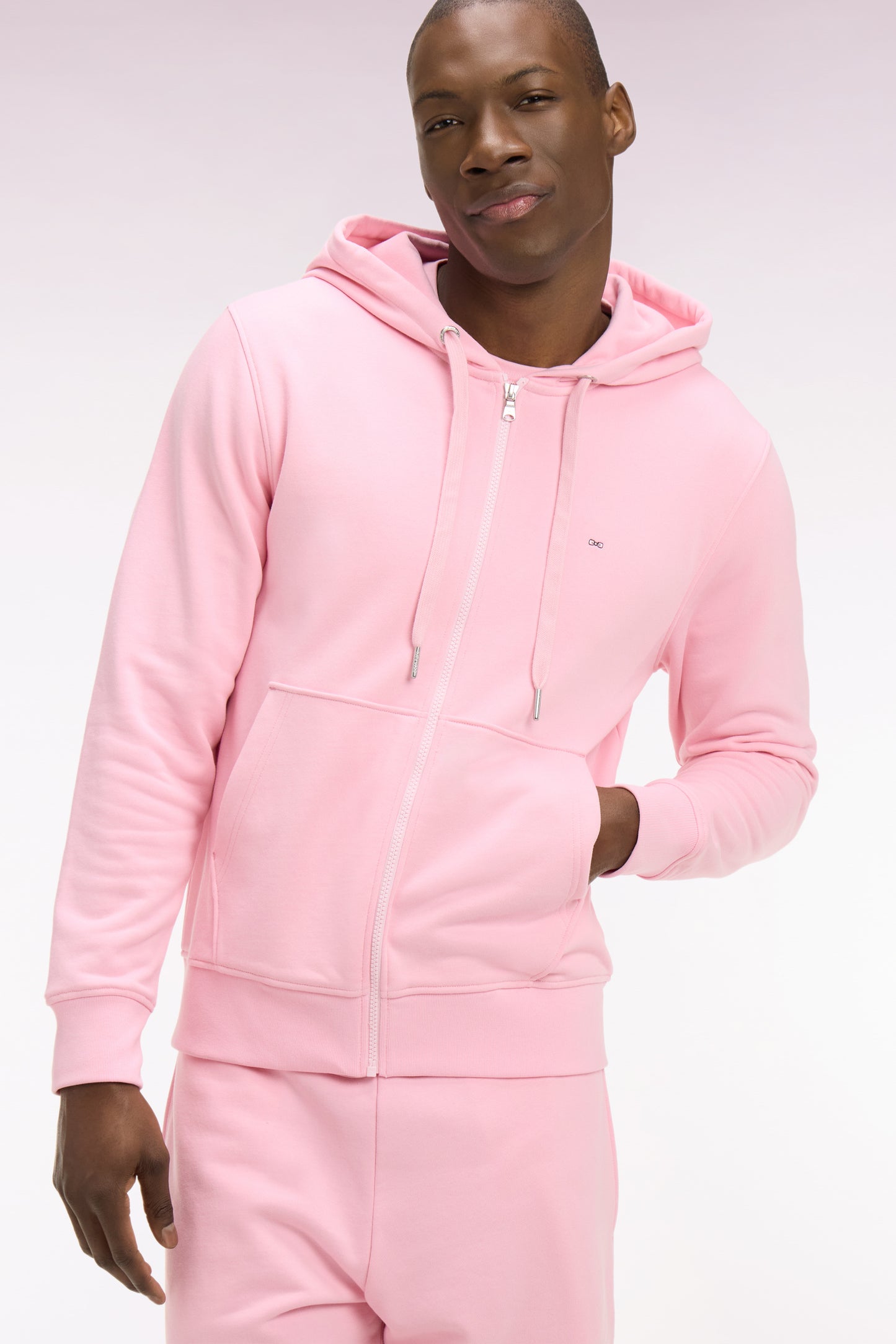 Sweatshirt zippé à capuche en molleton coton rose