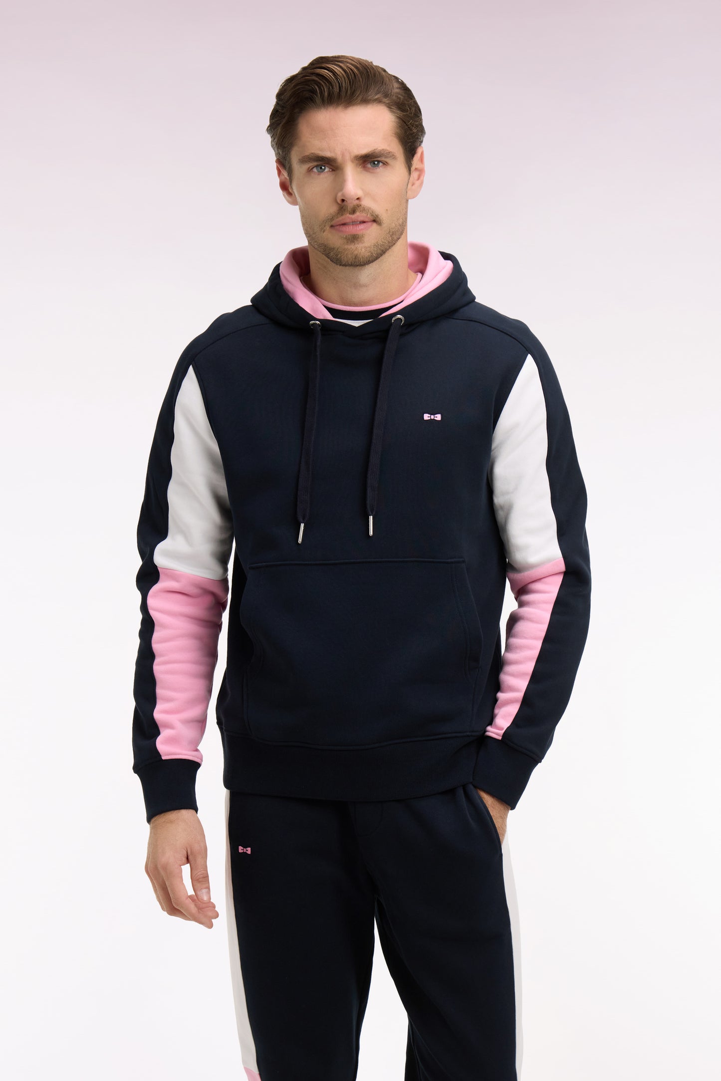 Navy cotton hooded sweatshirt with back embroidery