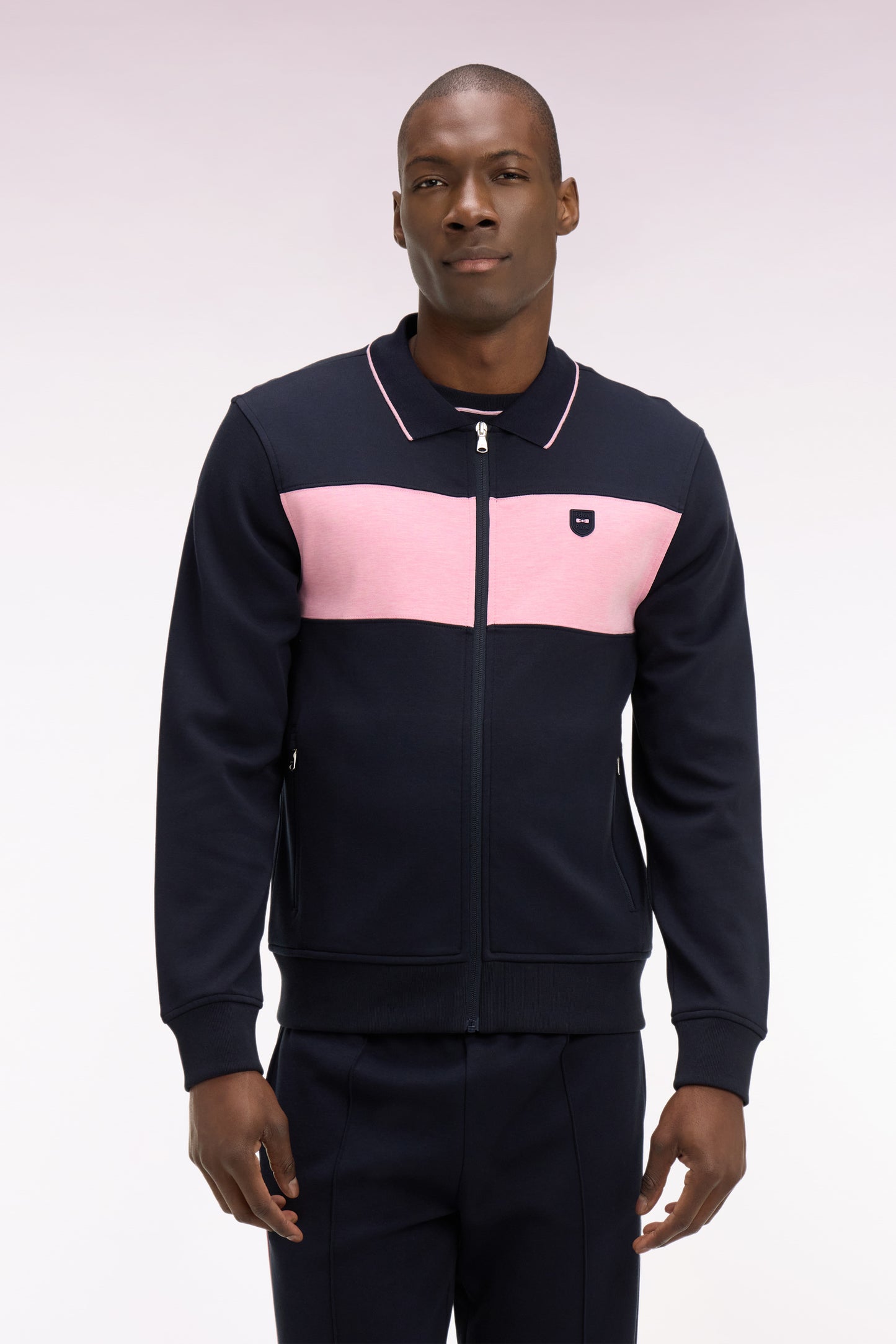 Zipped polo neck sweatshirt in navy fleece