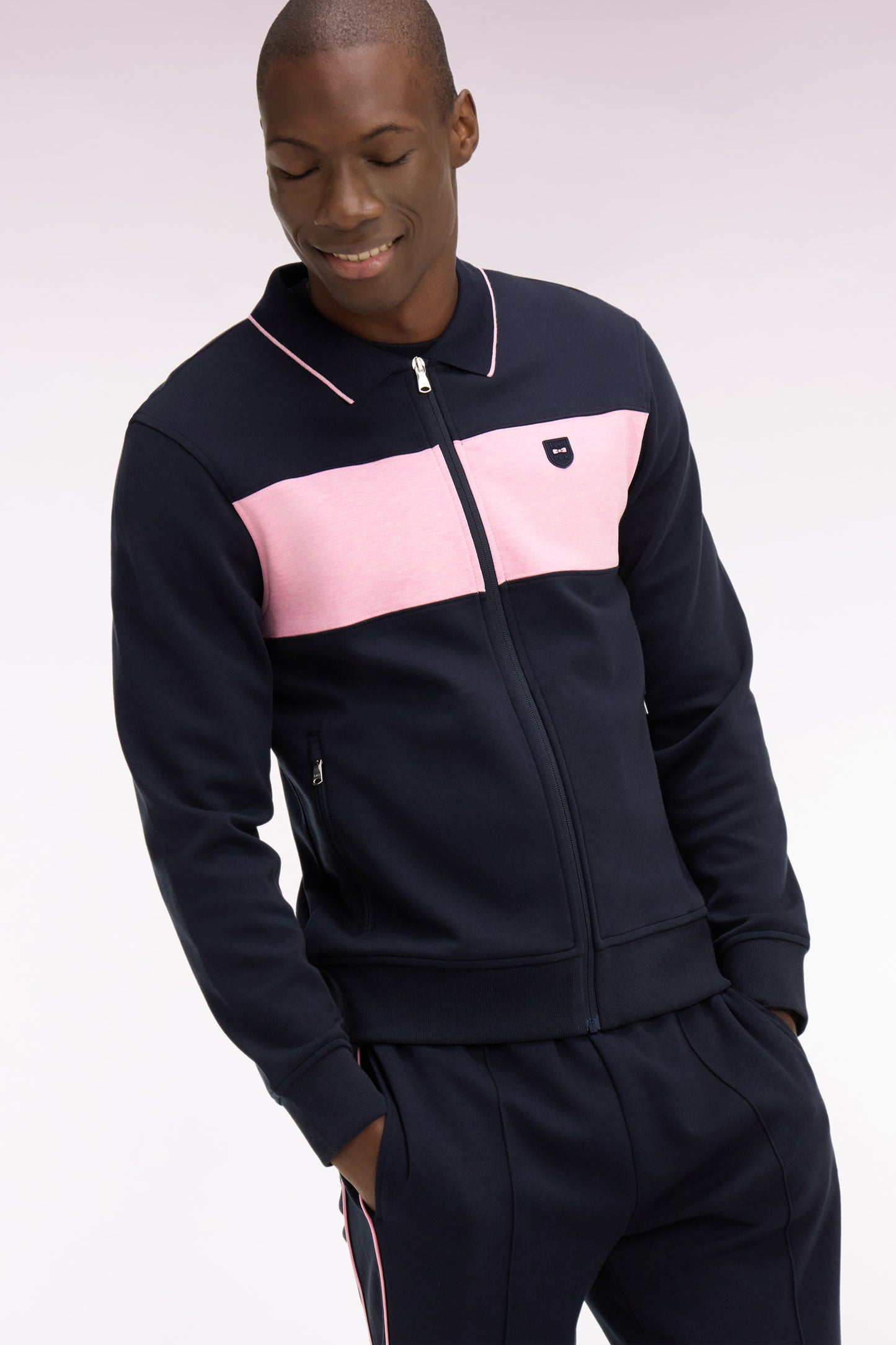 Zipped polo neck sweatshirt in navy fleece