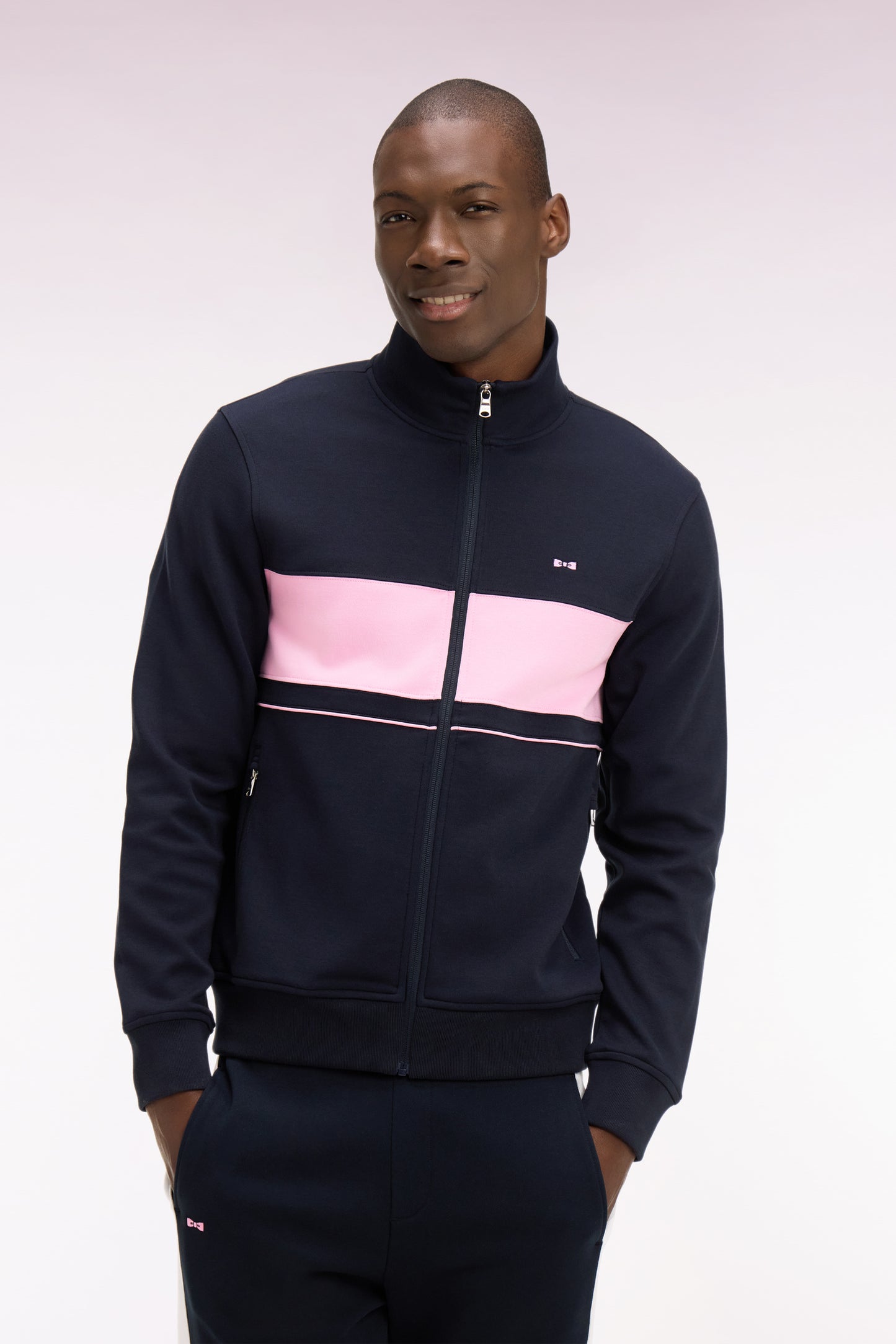 Sweatshirt zippé en molleton marine bande rose