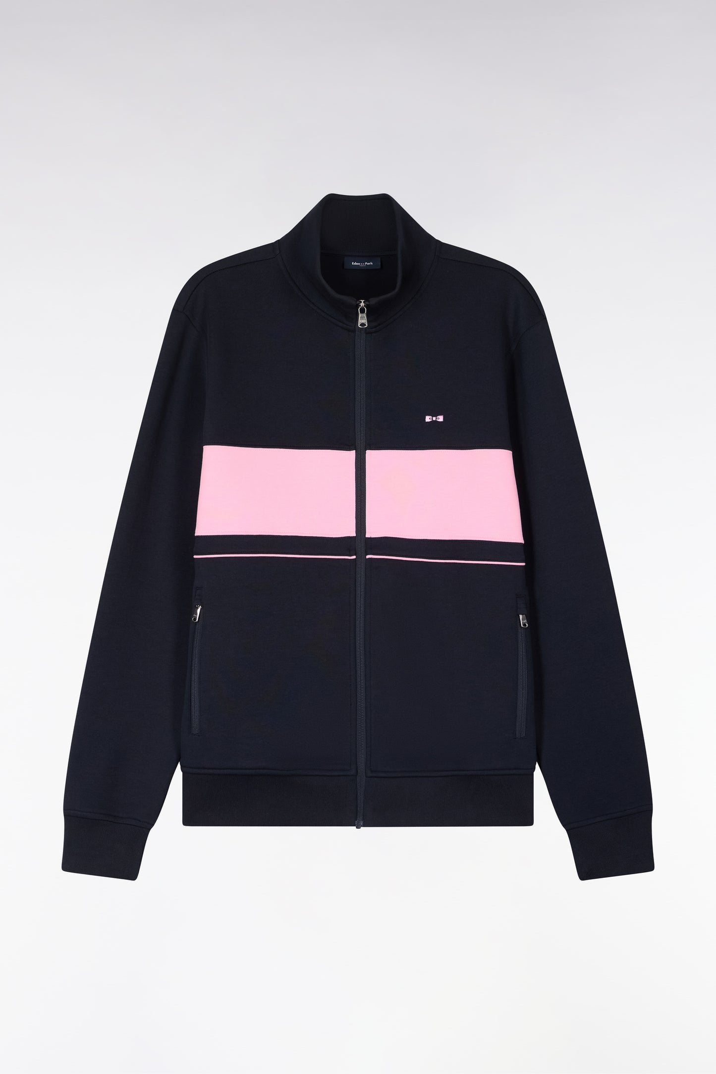Sweatshirt zippé en molleton marine bande rose