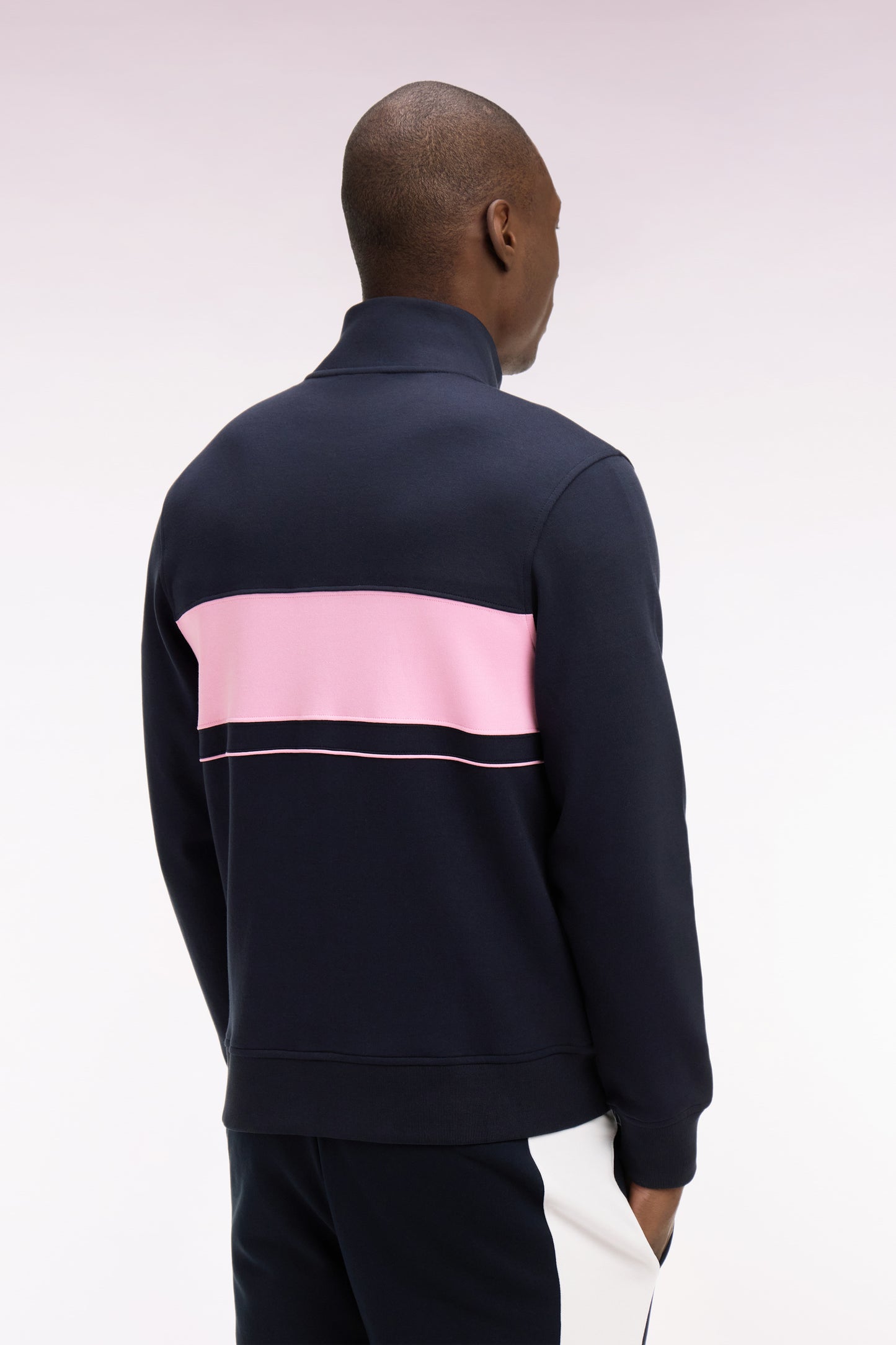Sweatshirt zippé en molleton marine bande rose