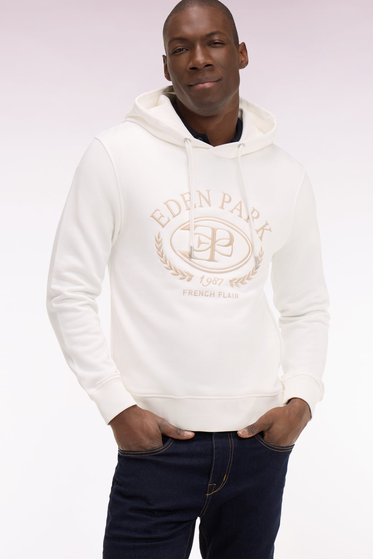 Ecru embroidered hooded sweatshirt