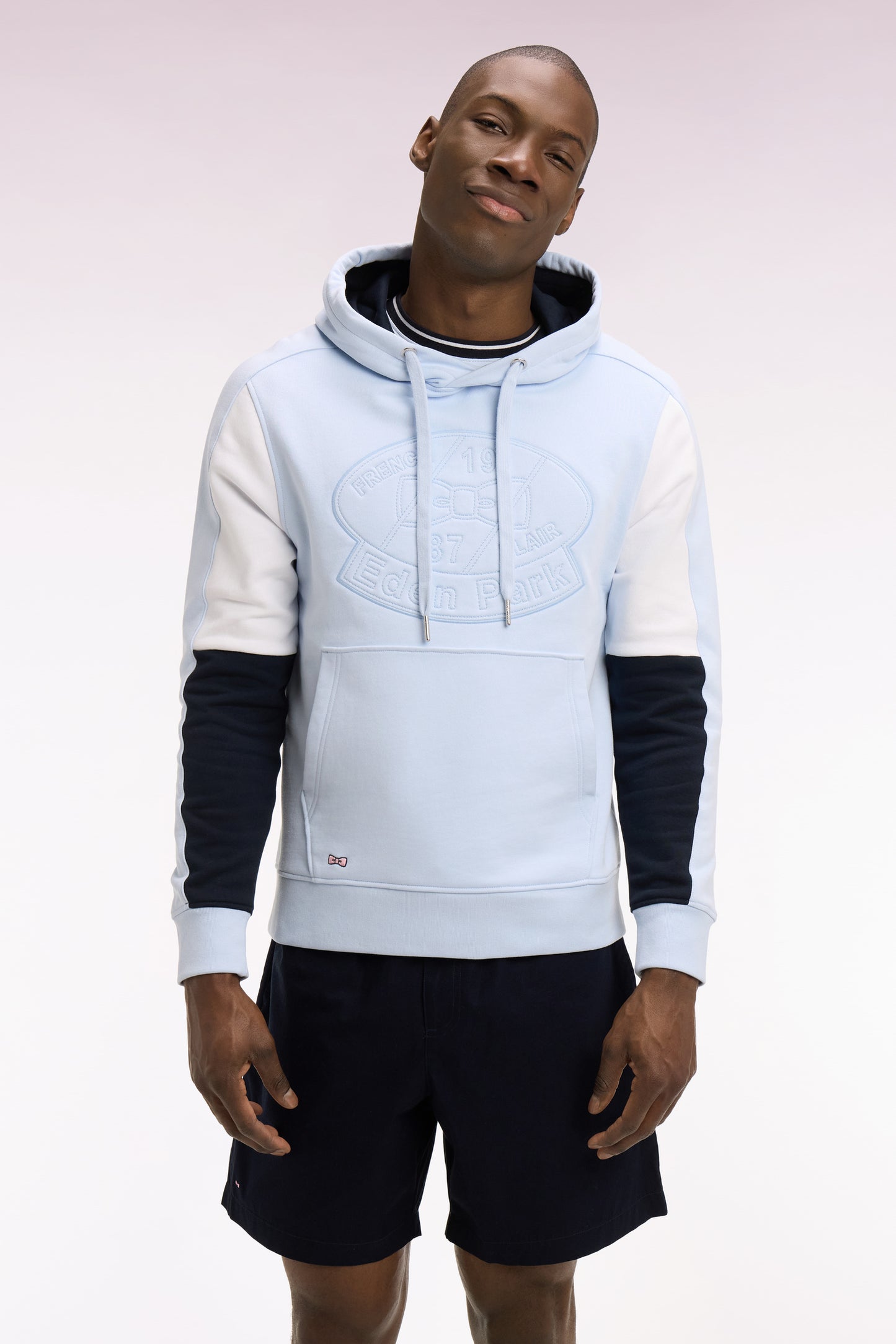 Embroidered sky blue cotton fleece hooded sweatshirt