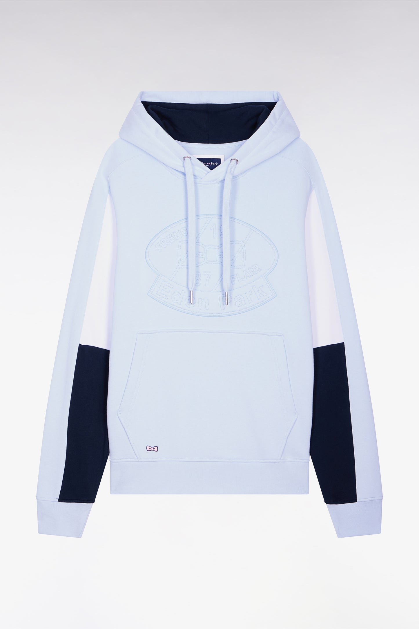 Embroidered sky blue cotton fleece hooded sweatshirt