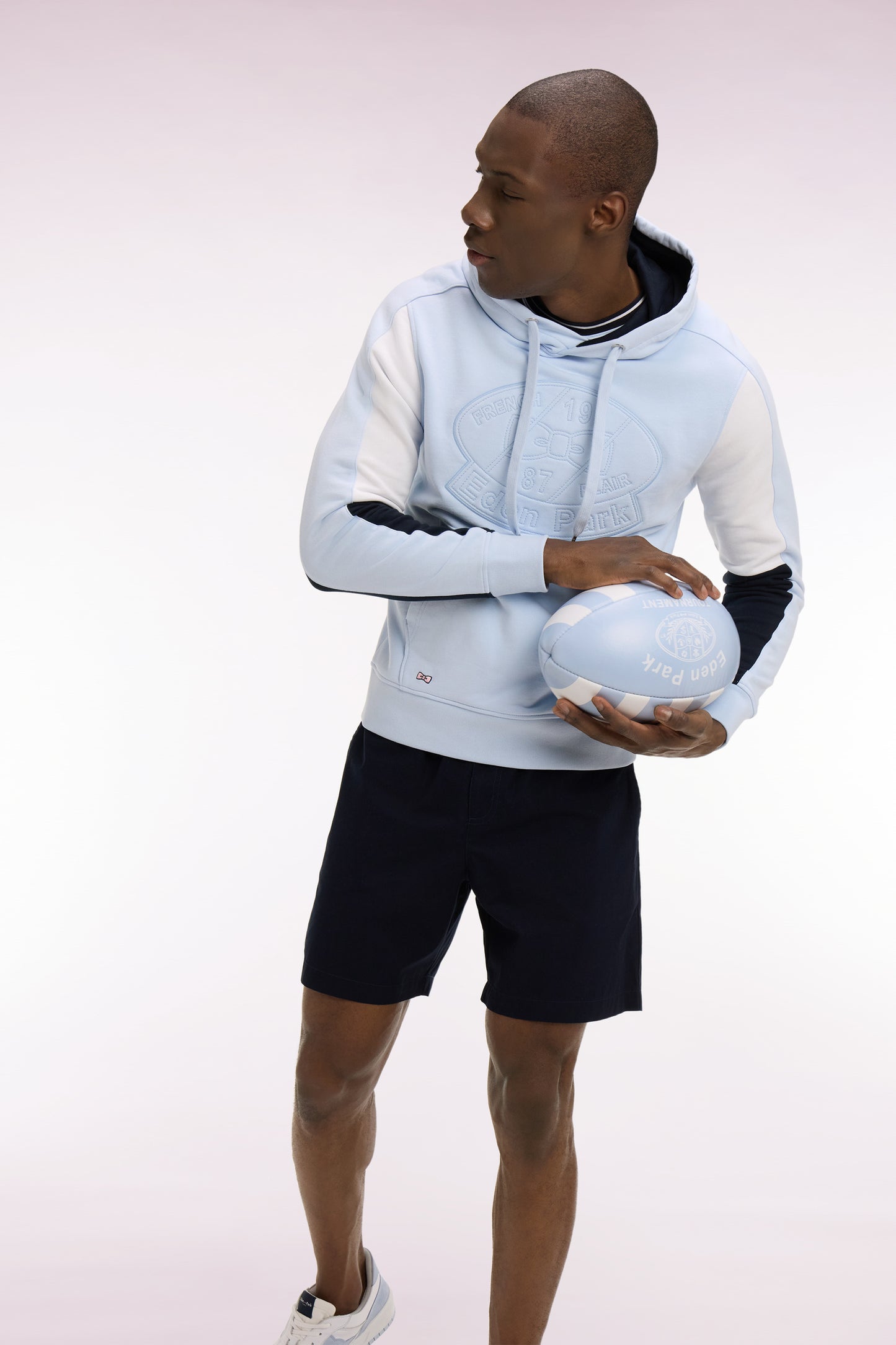 Embroidered sky blue cotton fleece hooded sweatshirt
