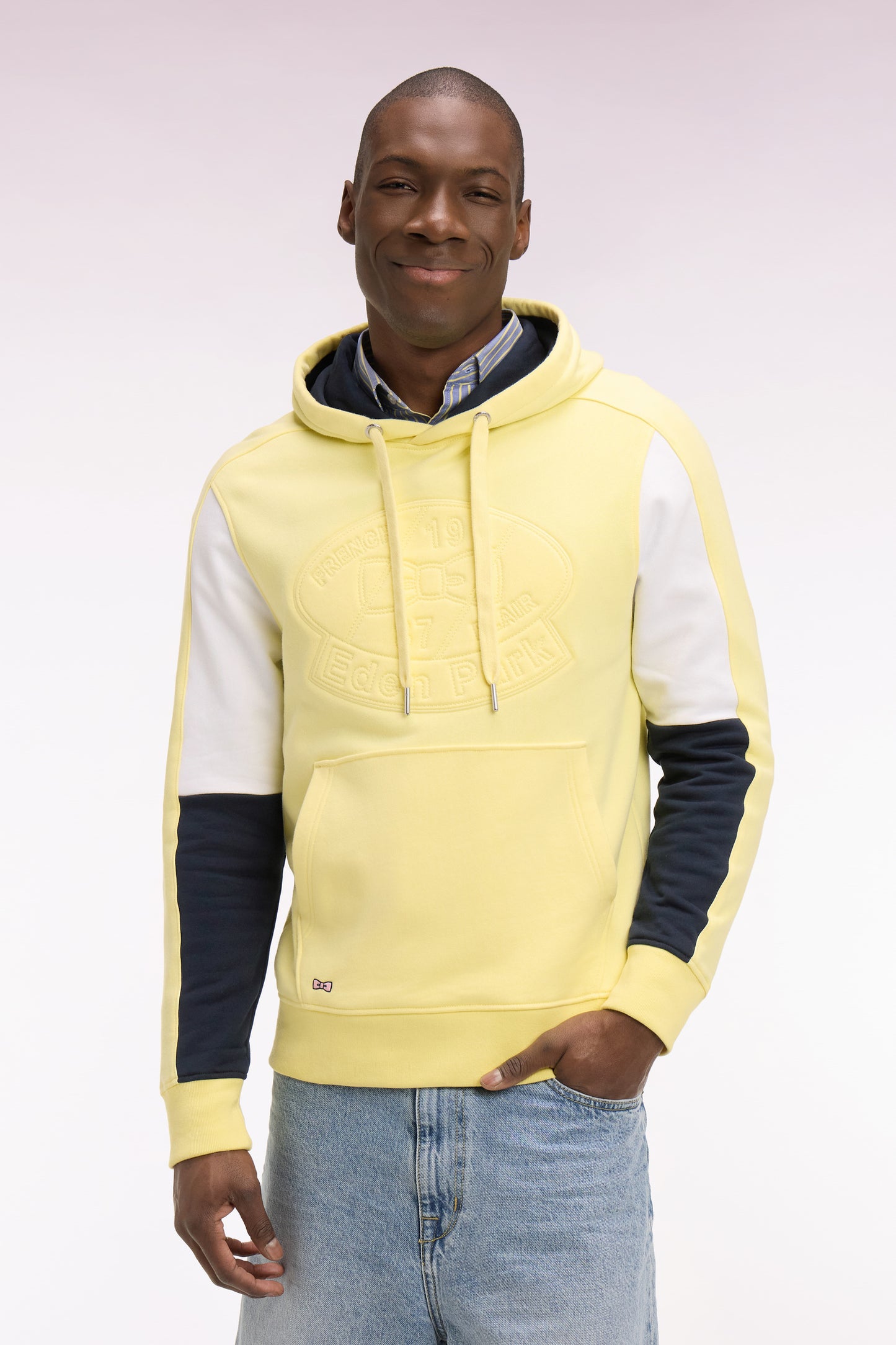 Embroidered yellow cotton fleece hooded sweatshirt