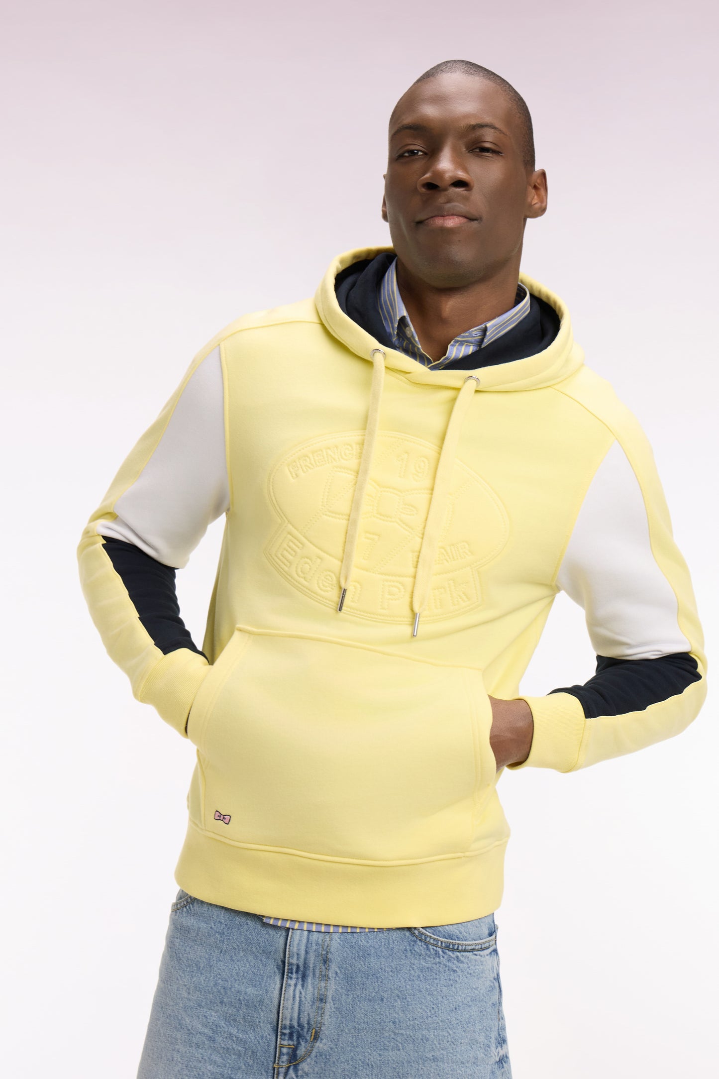 Embroidered yellow cotton fleece hooded sweatshirt