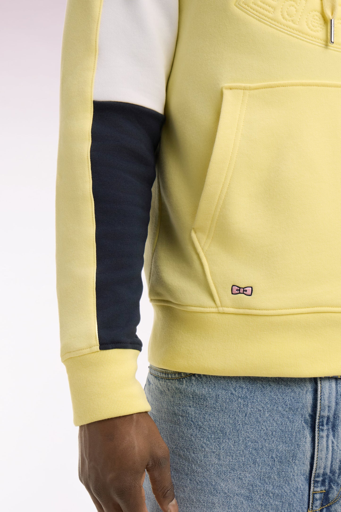 Embroidered yellow cotton fleece hooded sweatshirt