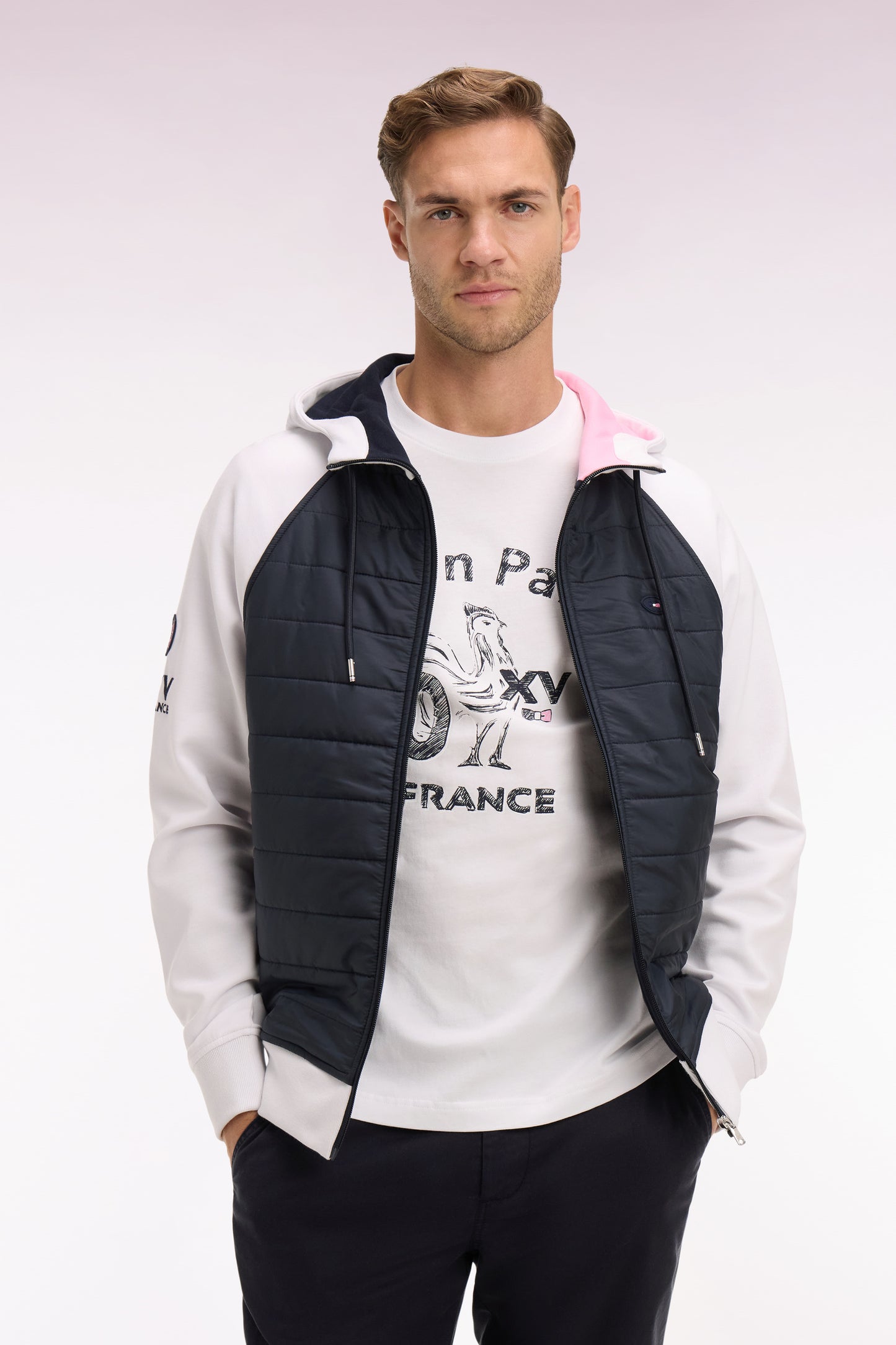 Sweatshirt zippé XV de France à capuche en molleton blanc à parmenture matelassée marine coupe regular