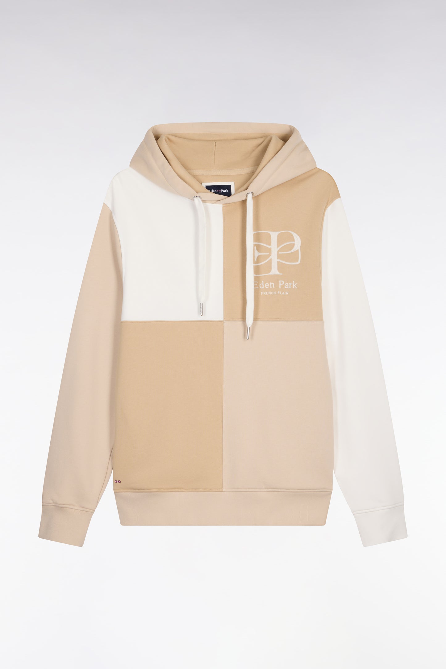 Regular fit beige colorblock fleece hooded sweatshirt with dials