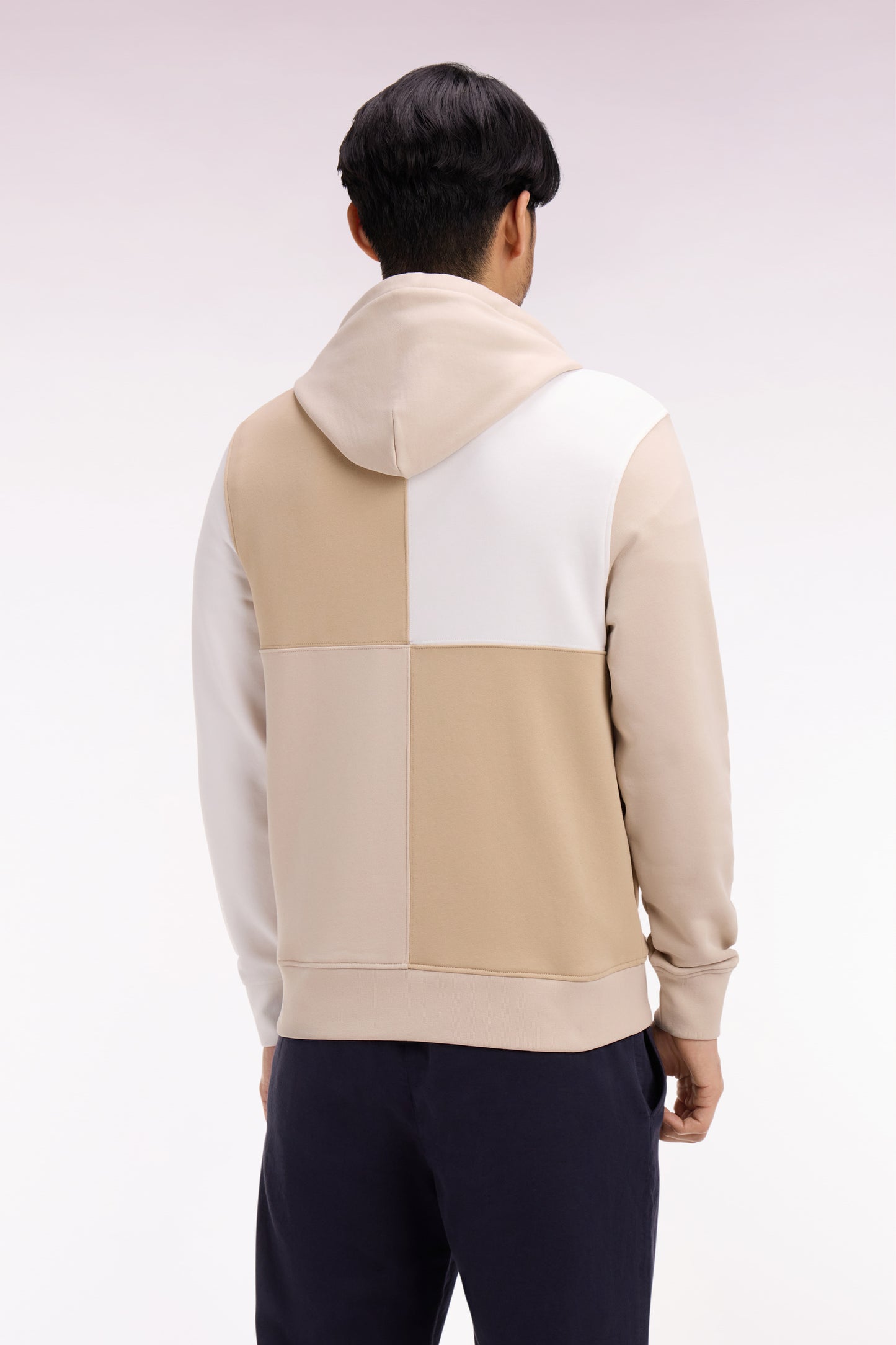 Regular fit beige colorblock fleece hooded sweatshirt with dials