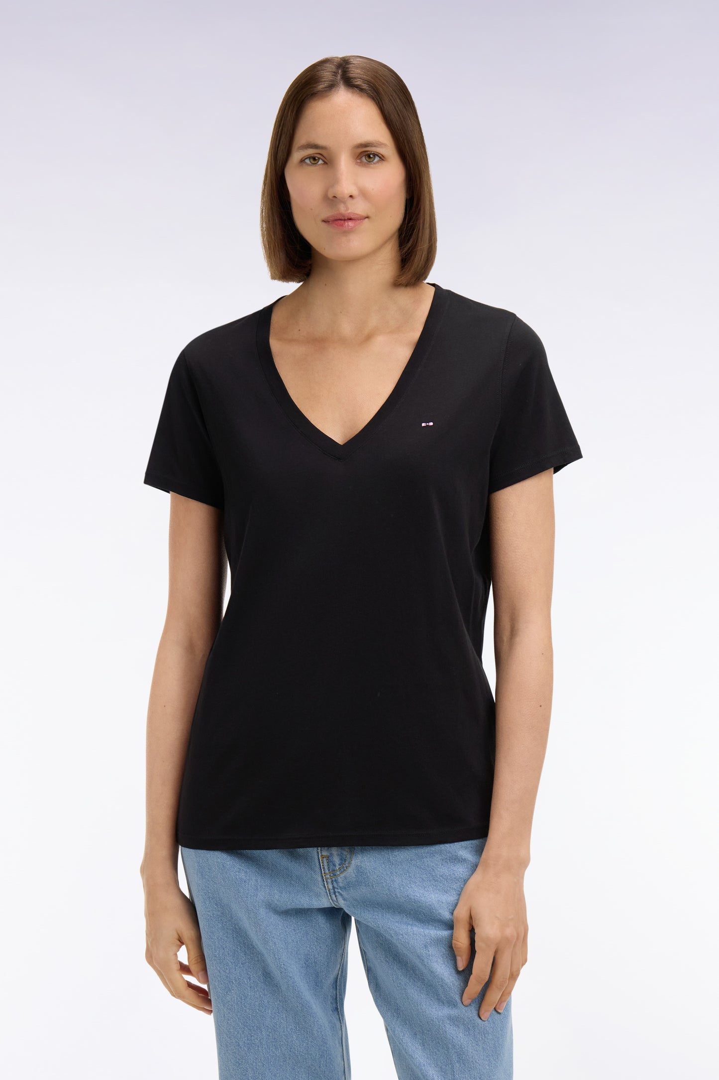 T-shirt à manches courtes col V en coton Pima noir coupe regular