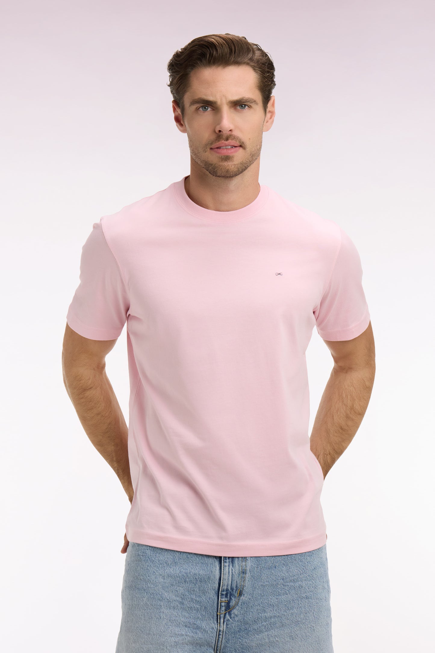 T-shirt à manches courtes en coton Pima rose brodé coupe regular
