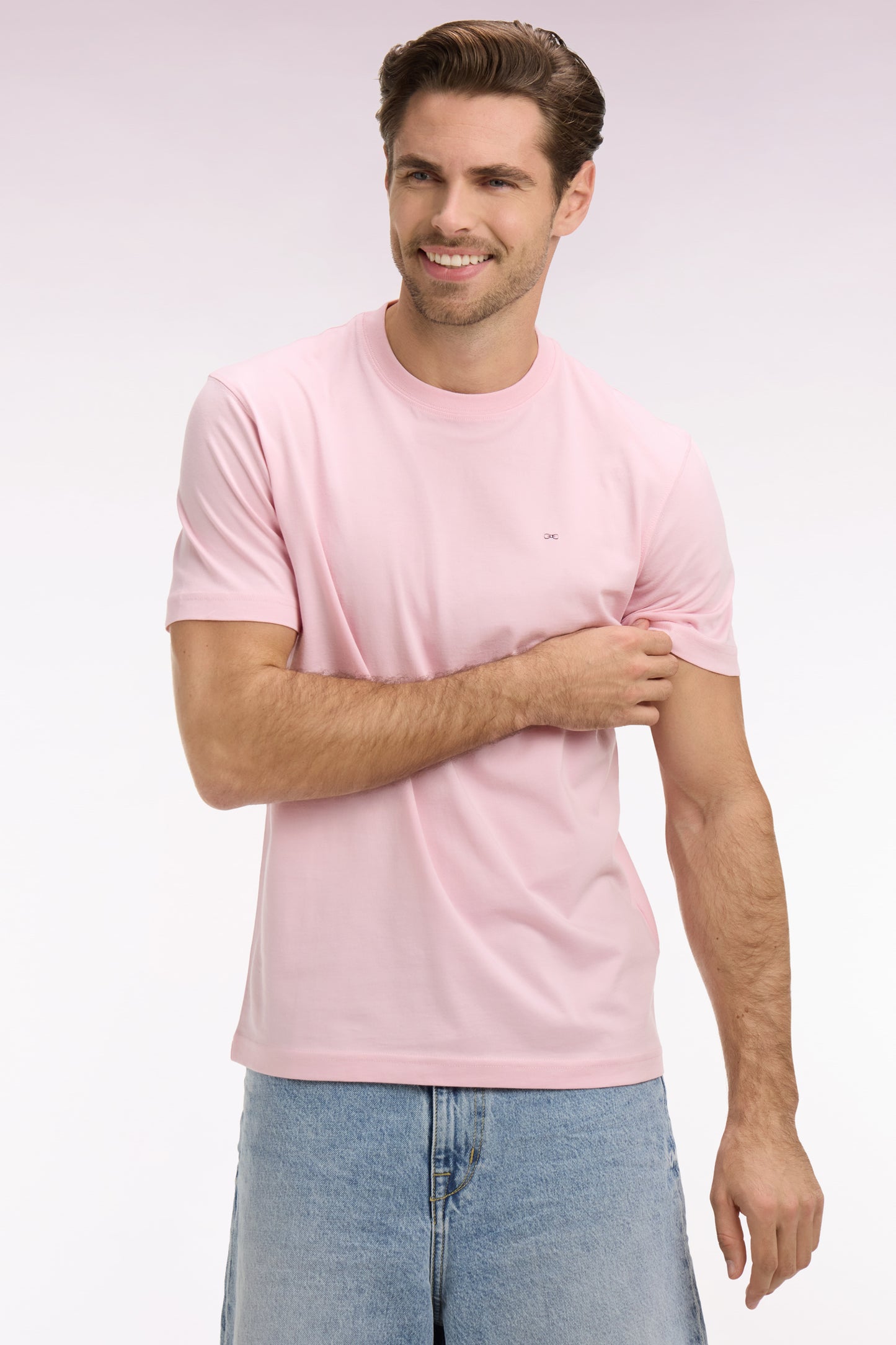 T-shirt à manches courtes en coton Pima rose brodé coupe regular