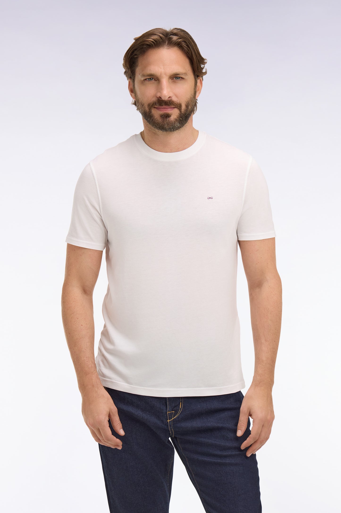 Short-sleeved white lyocell and cotton T-shirt, regular fit