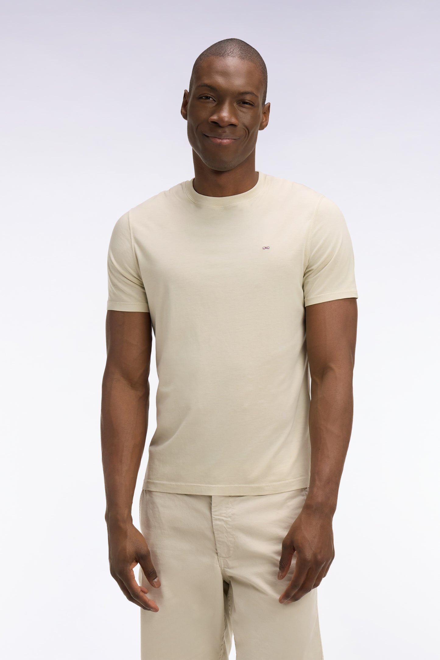 Short-sleeved beige lyocell and cotton T-shirt, regular fit