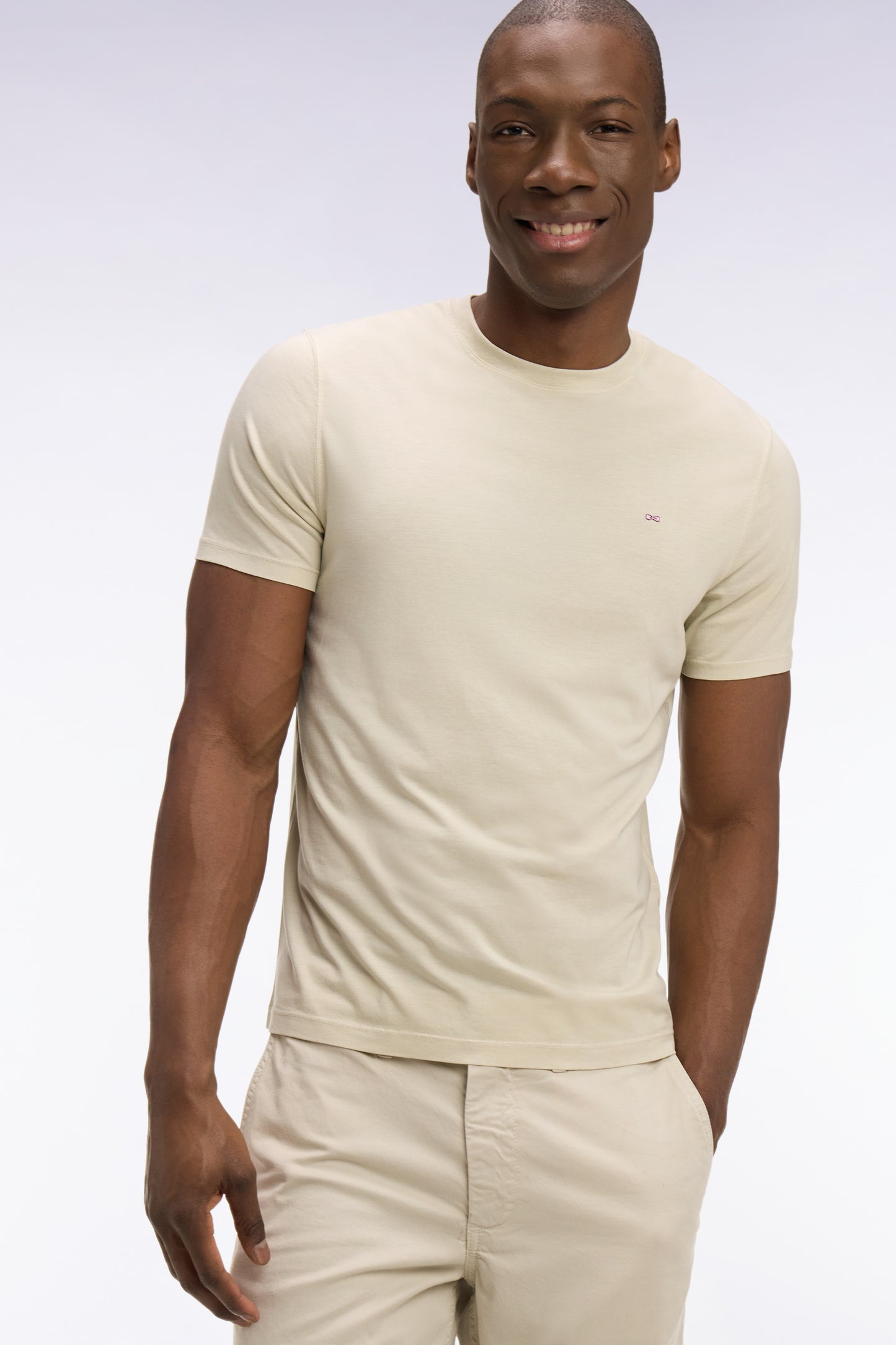 Short-sleeved beige lyocell and cotton T-shirt, regular fit