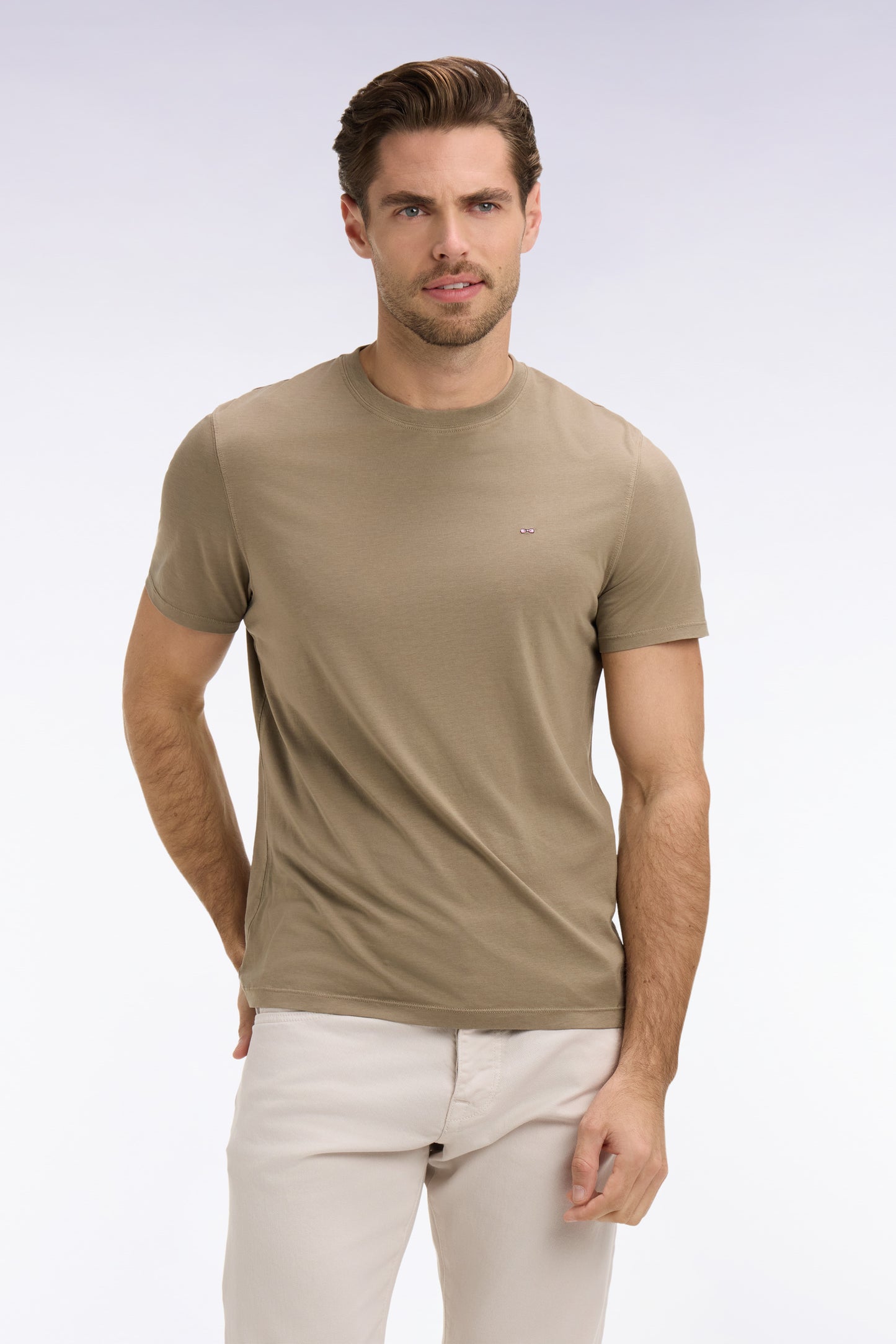 Regular fit brown lyocell and cotton short-sleeved T-shirt