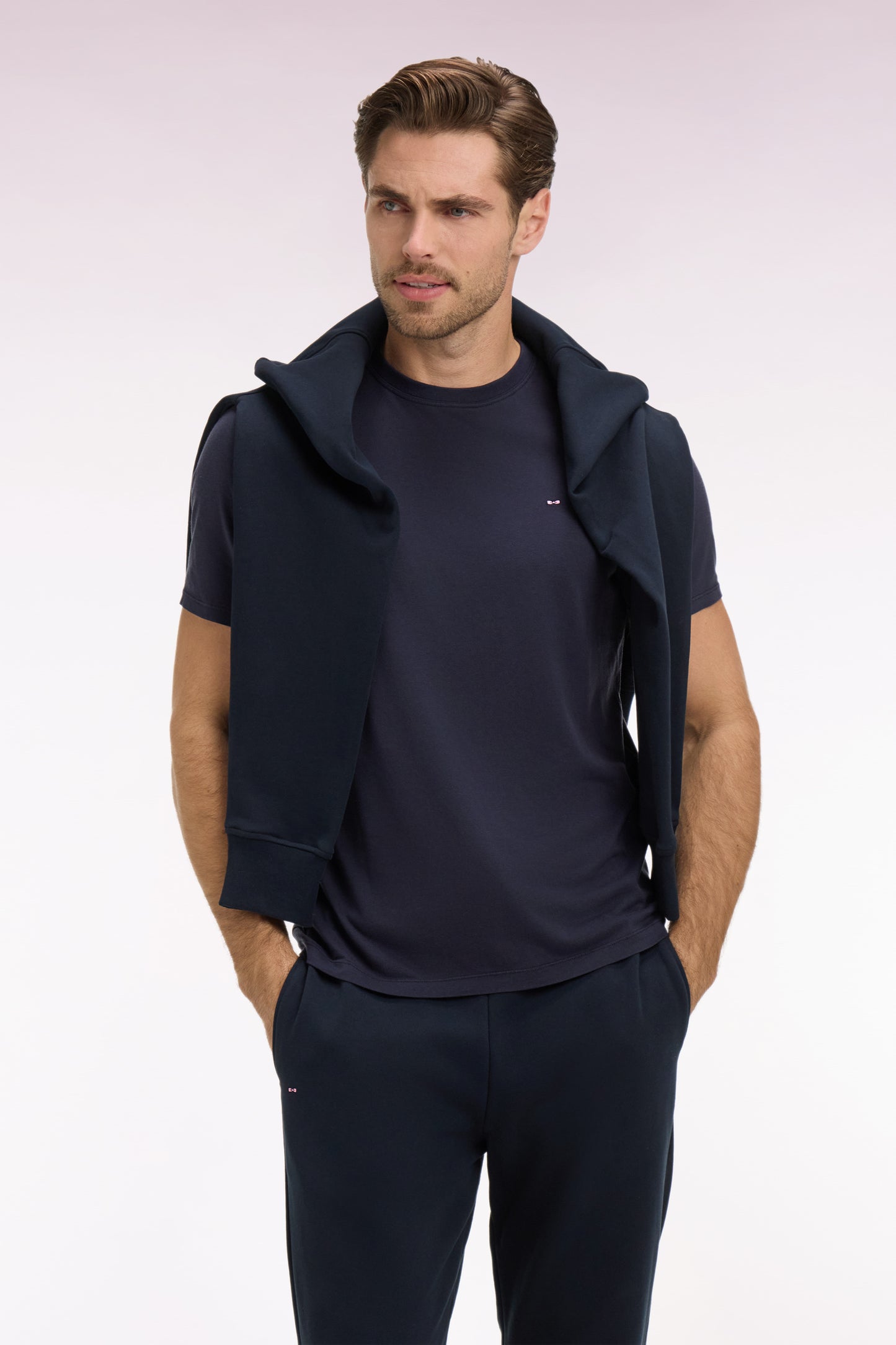 Regular fit short-sleeved navy lyocell and cotton t-shirt