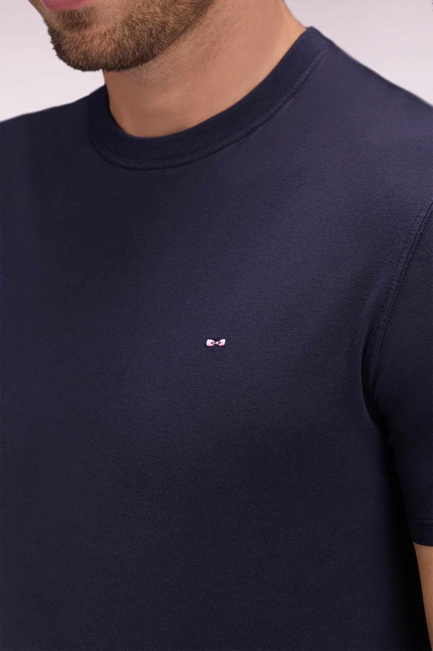 Regular fit short-sleeved navy lyocell and cotton t-shirt