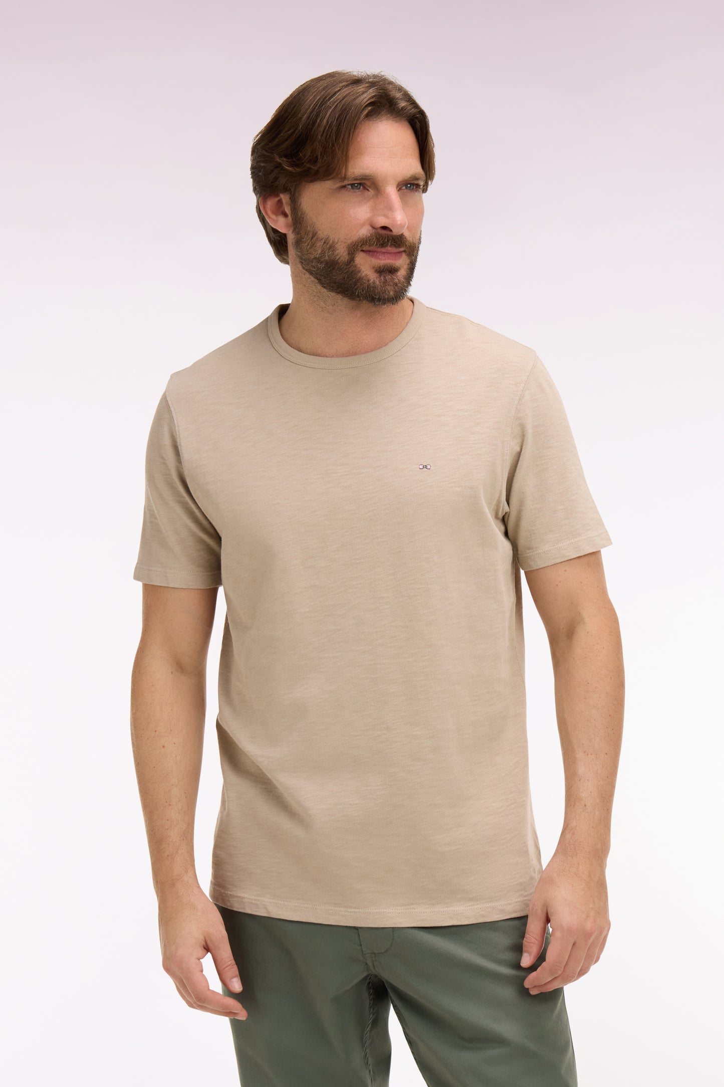 T-shirt à manches courtes en jersey de coton slub beige coupe regular