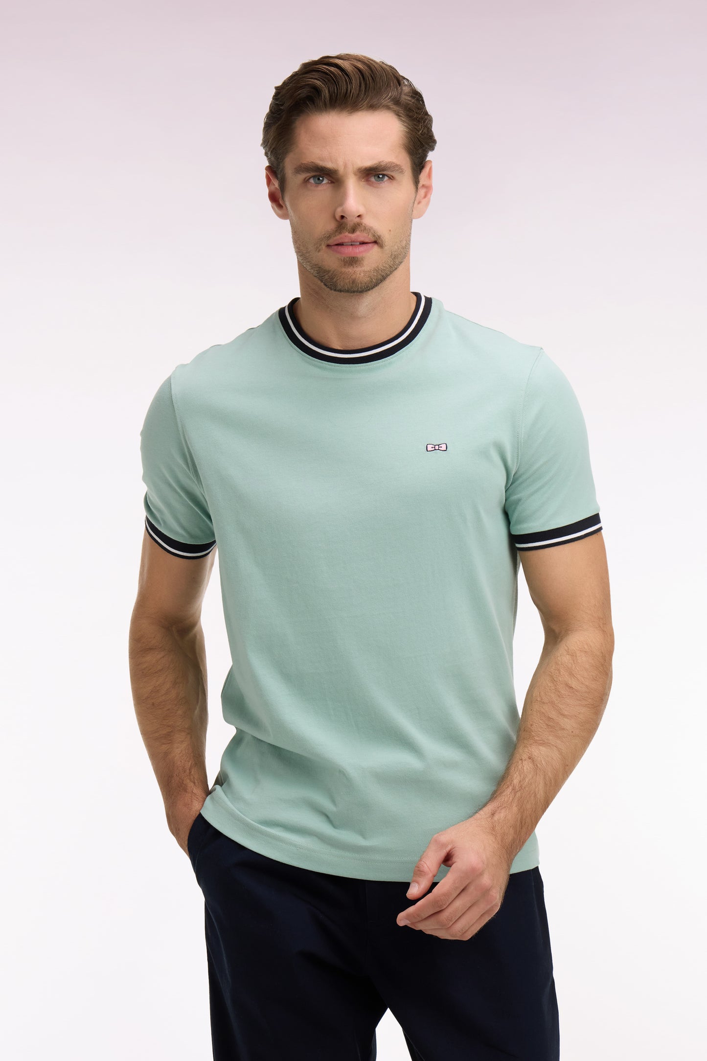 Short-sleeved T-shirt in embroidered sea green cotton, regular fit
