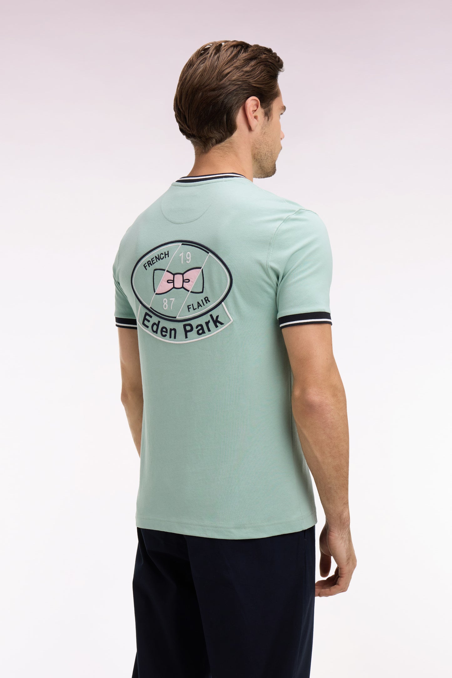 Short-sleeved T-shirt in embroidered sea green cotton, regular fit